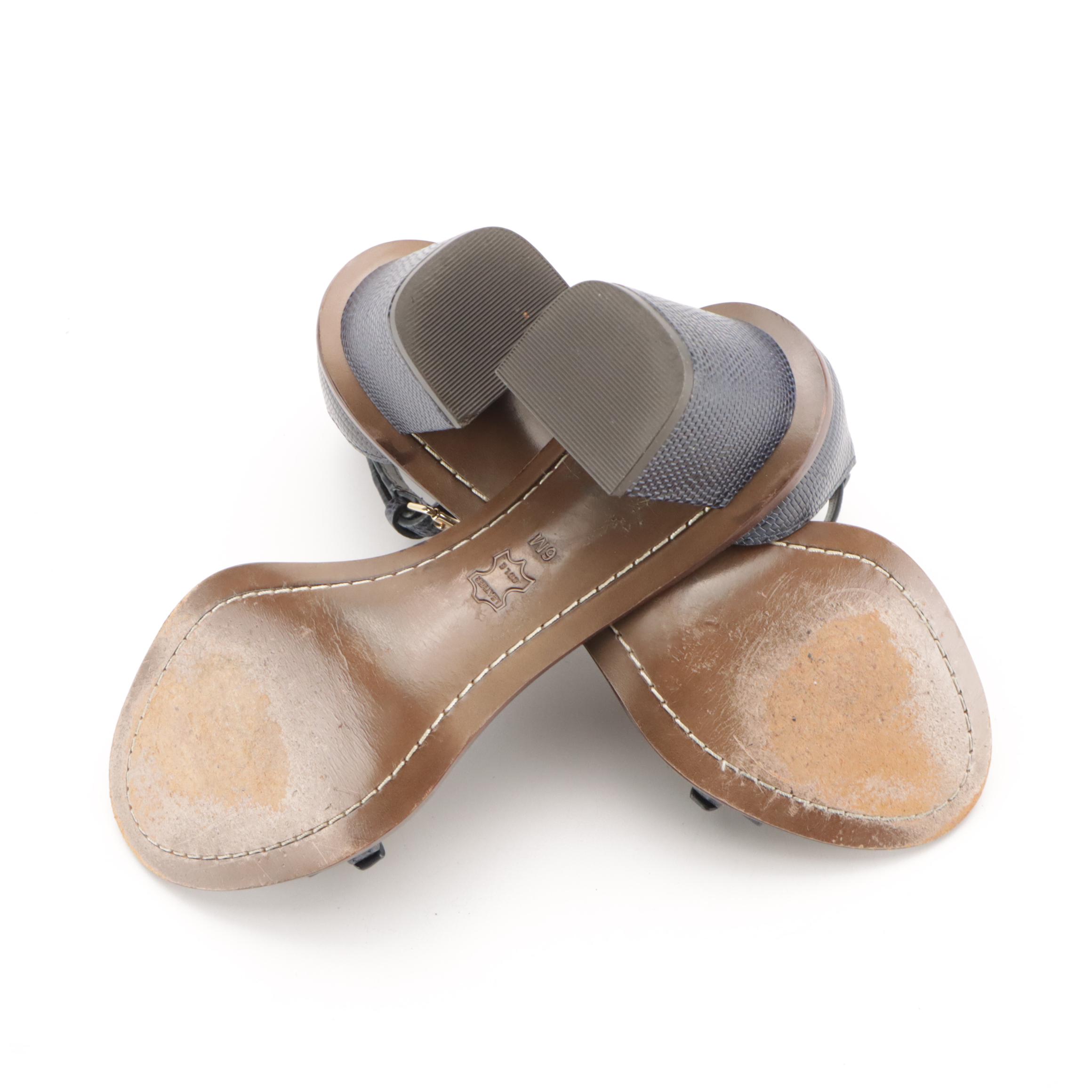 Tory Burch Ankle Strap Block Heels in Dark Blue Embossed and Smooth Leather