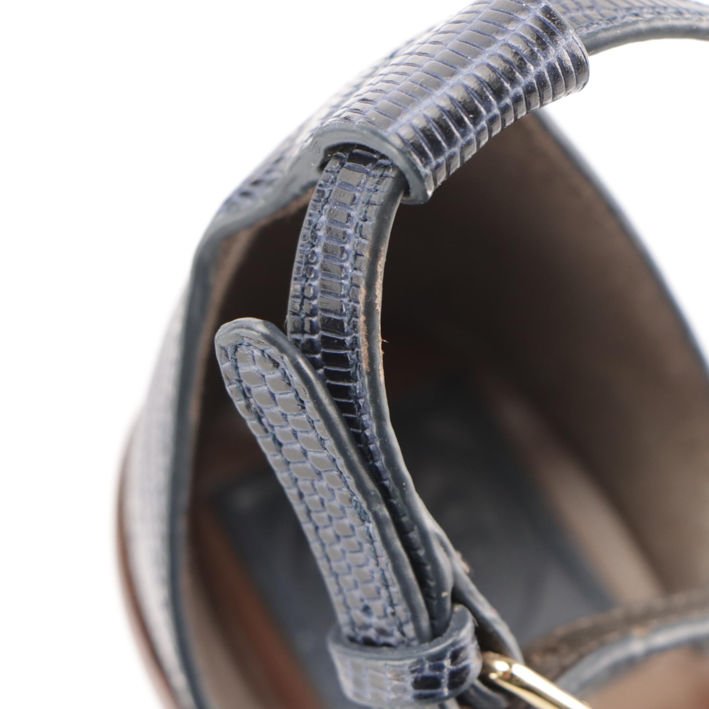 Tory Burch Ankle Strap Block Heels in Dark Blue Embossed and Smooth Leather