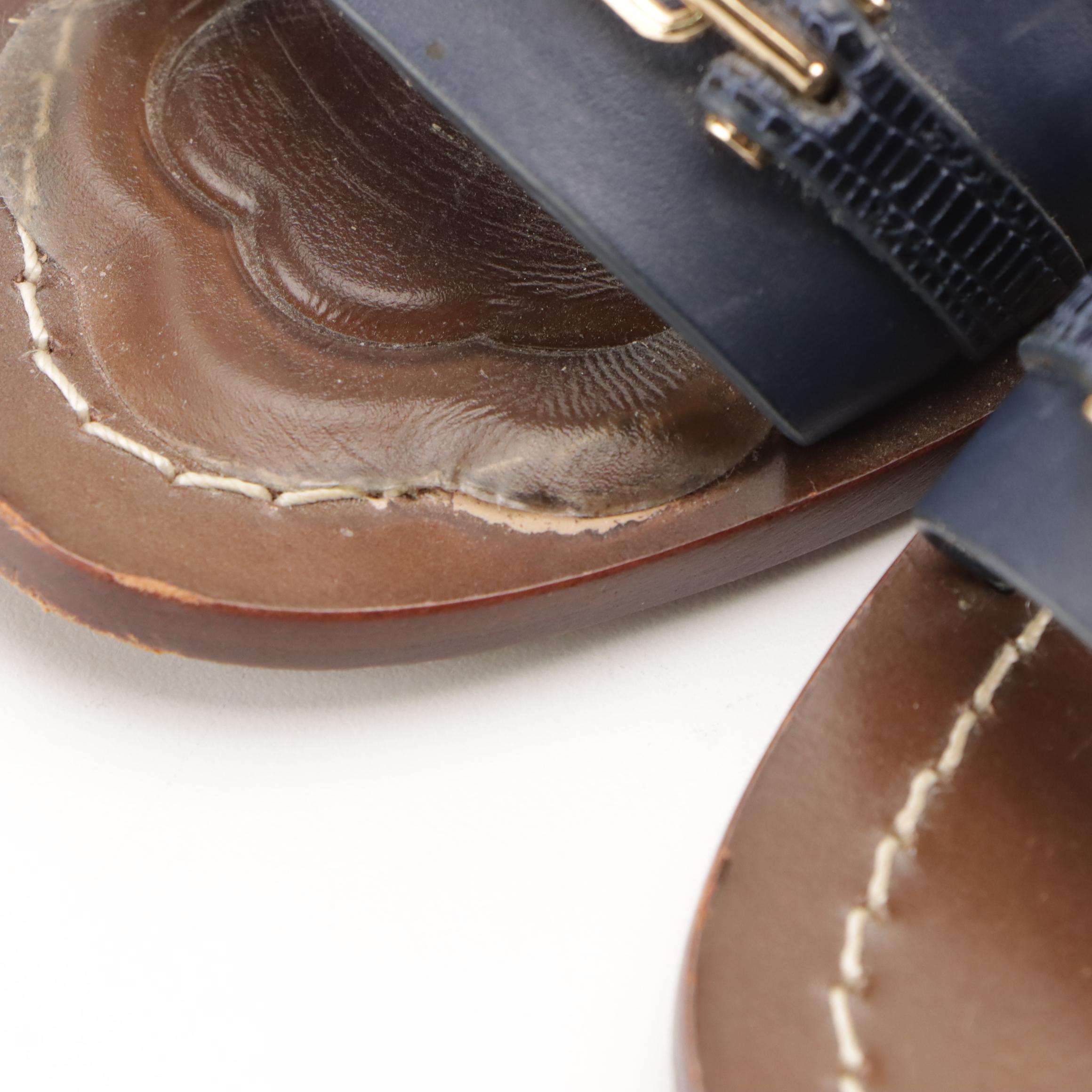 Tory Burch Ankle Strap Block Heels in Dark Blue Embossed and Smooth Leather