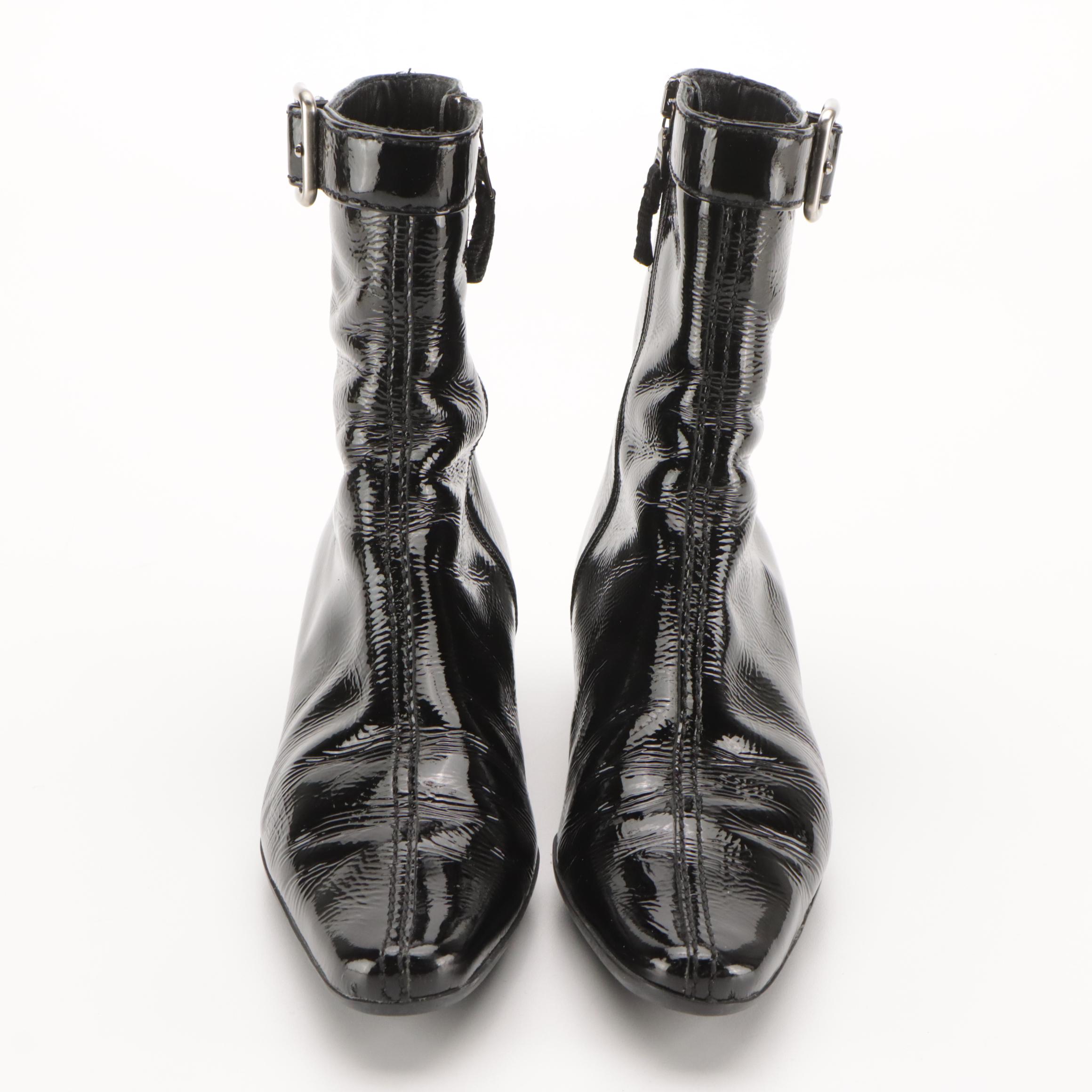 Prada Black Patent Leather Buckle Strap Wedge Boots