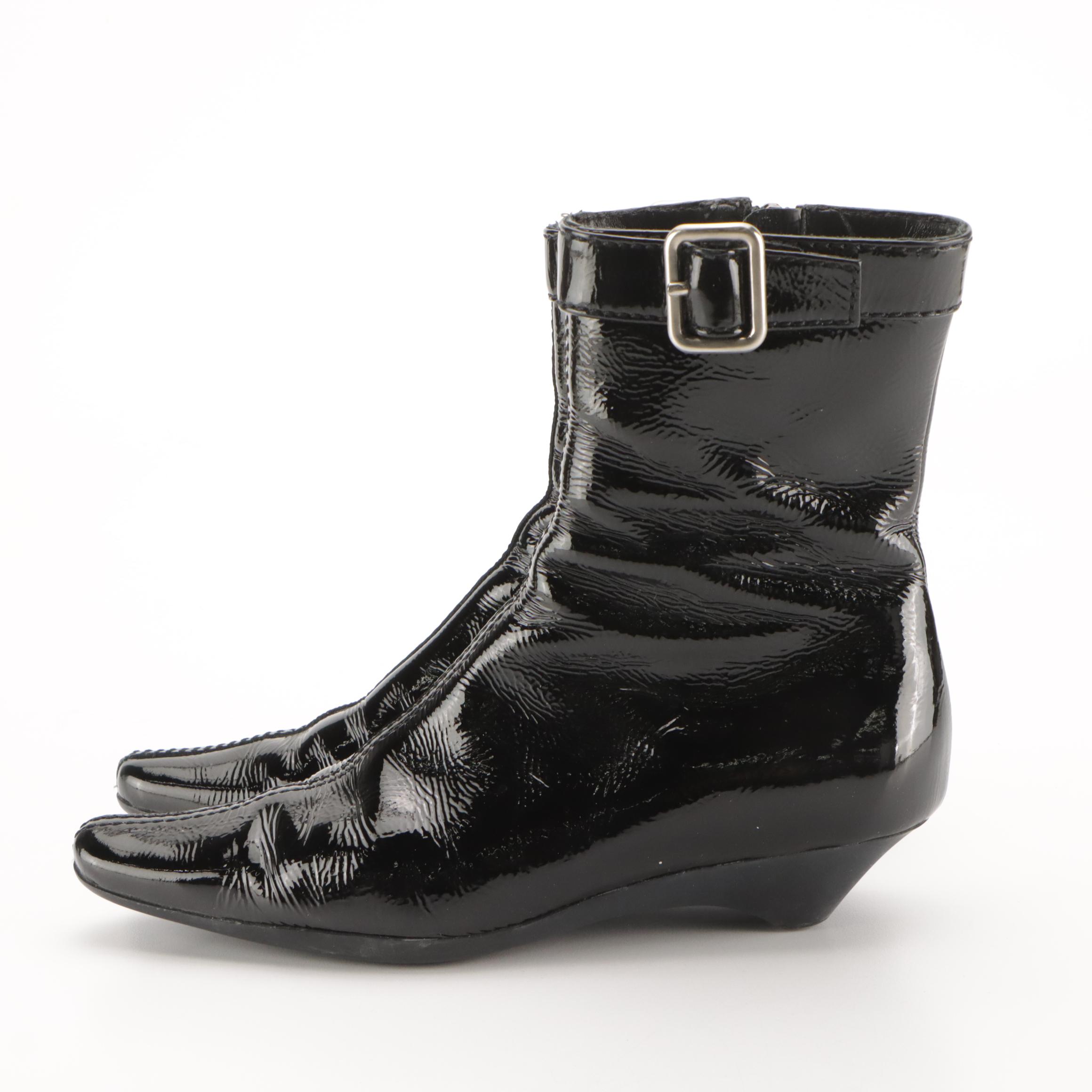 Prada Black Patent Leather Buckle Strap Wedge Boots