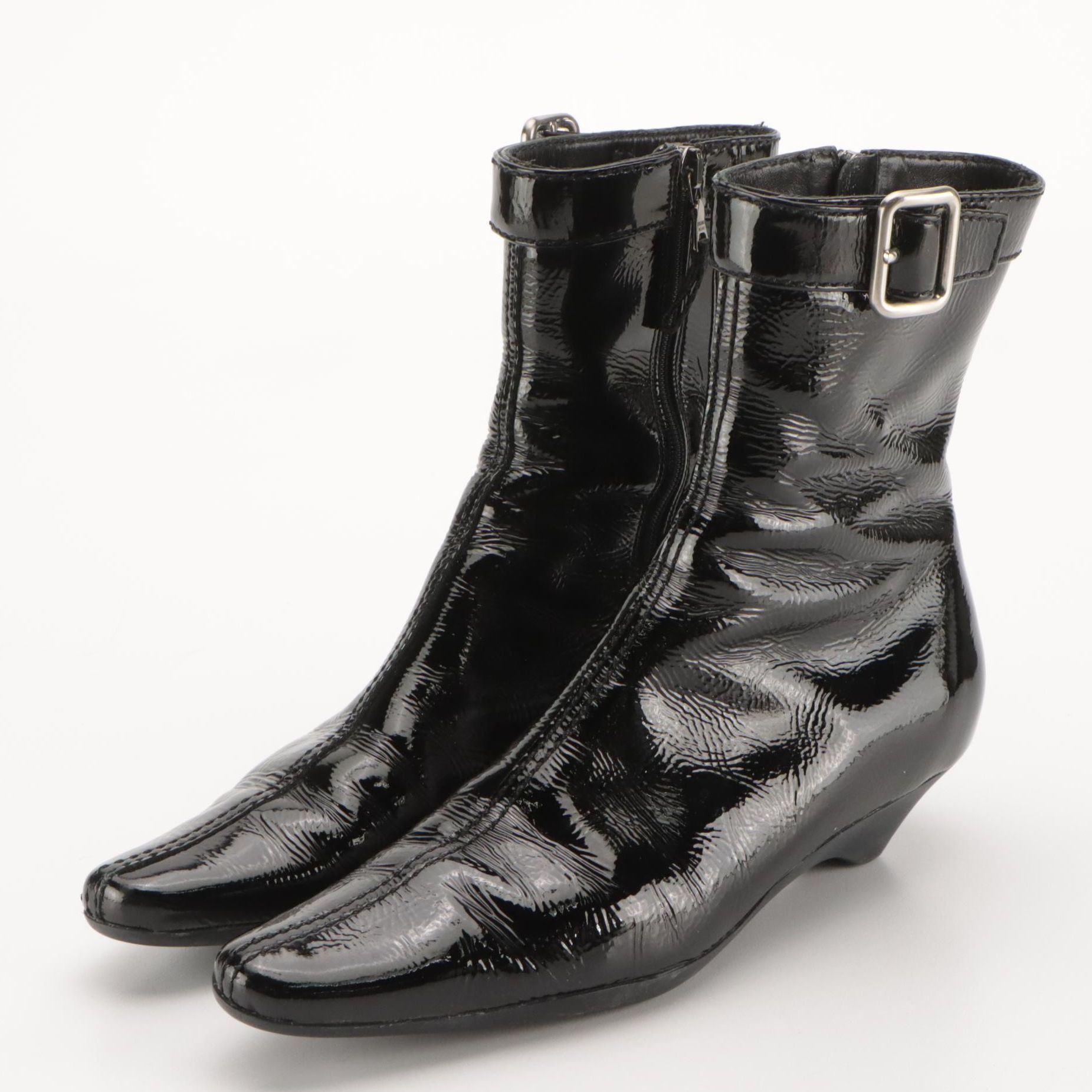 Prada Black Patent Leather Buckle Strap Wedge Boots