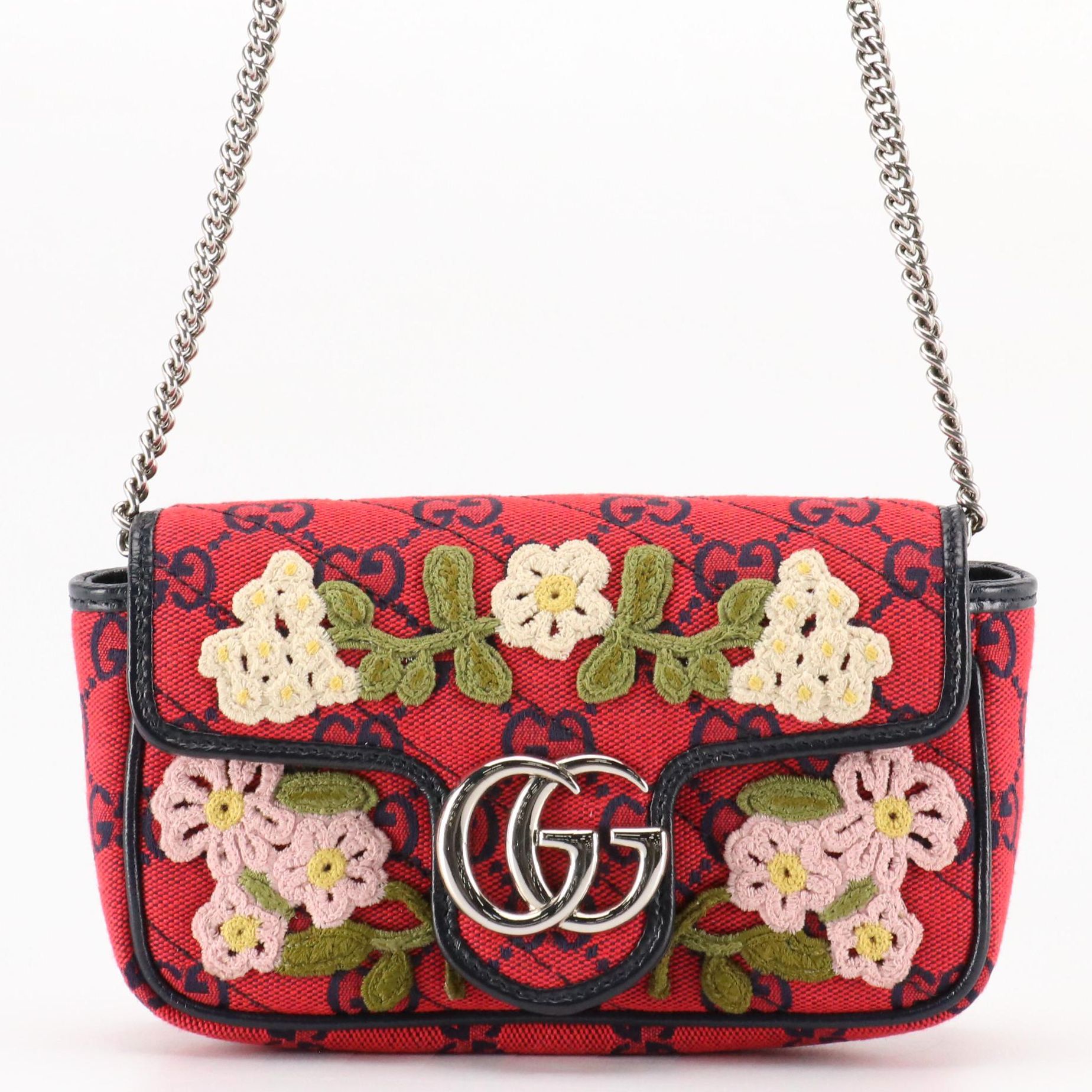 Gucci Limited Edition Super Mini Floral Embroidered GG Canvas Marmont Flap Bag