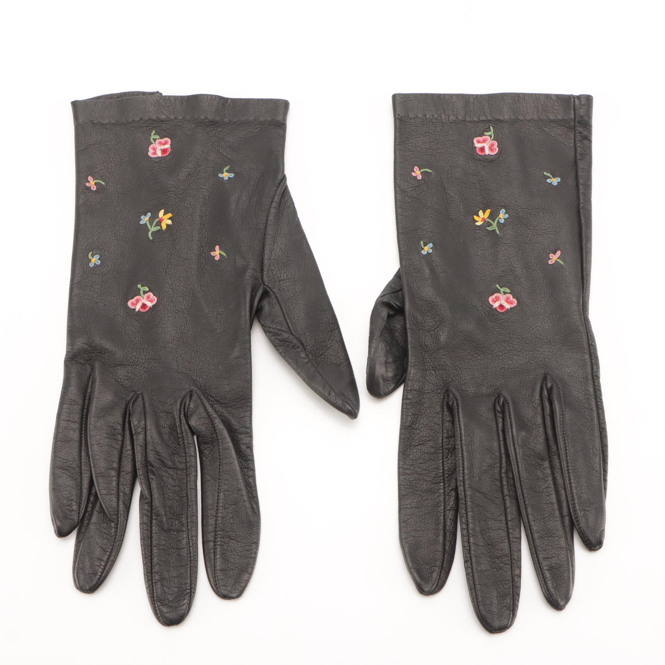 Black Leather Gloves with Floral Chain-Stitch Embroidery