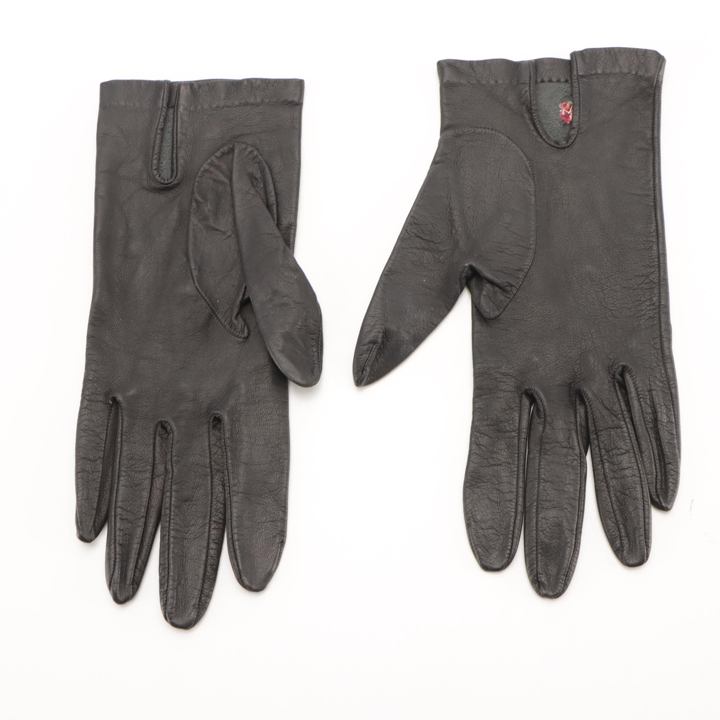 Black Leather Gloves with Floral Chain-Stitch Embroidery