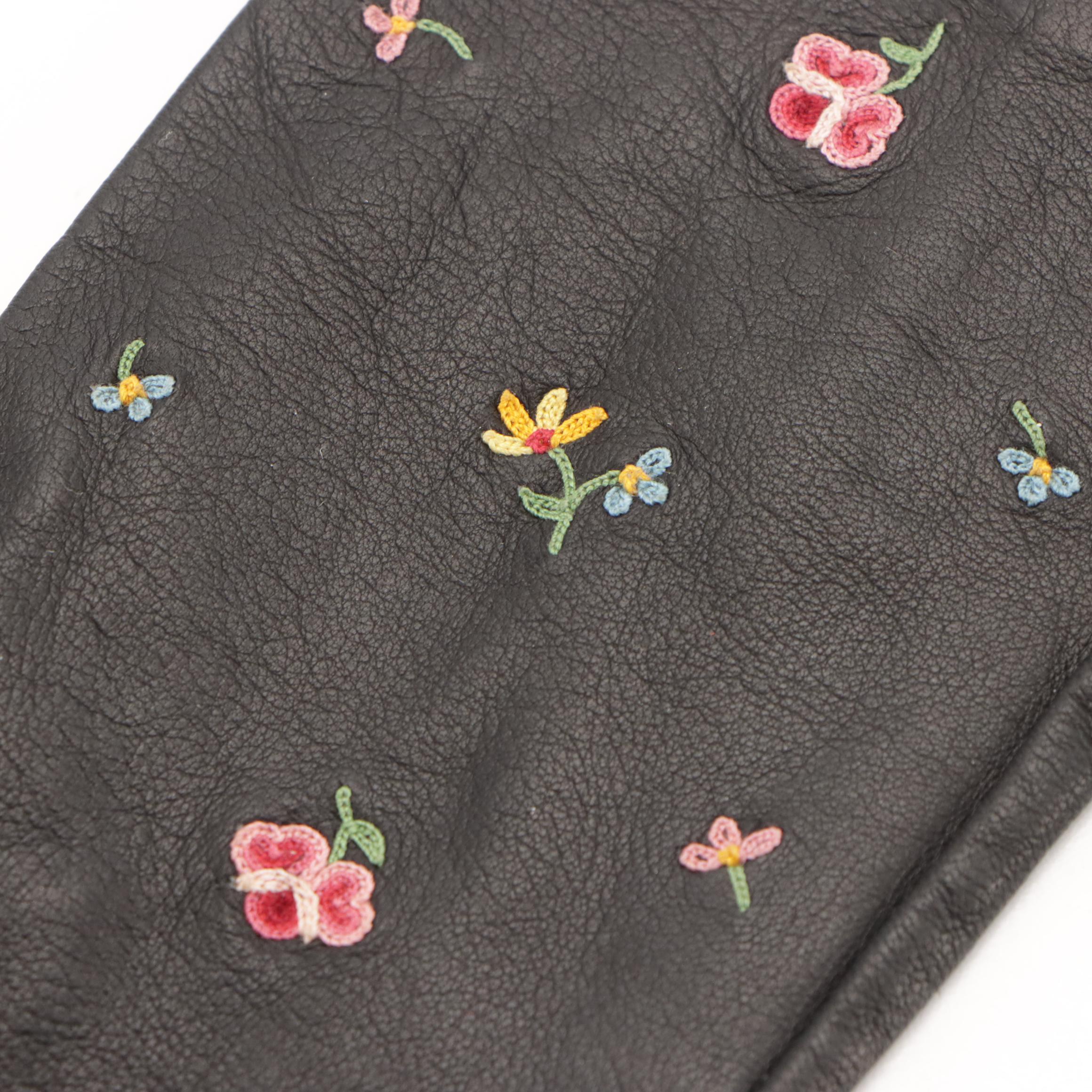 Black Leather Gloves with Floral Chain-Stitch Embroidery