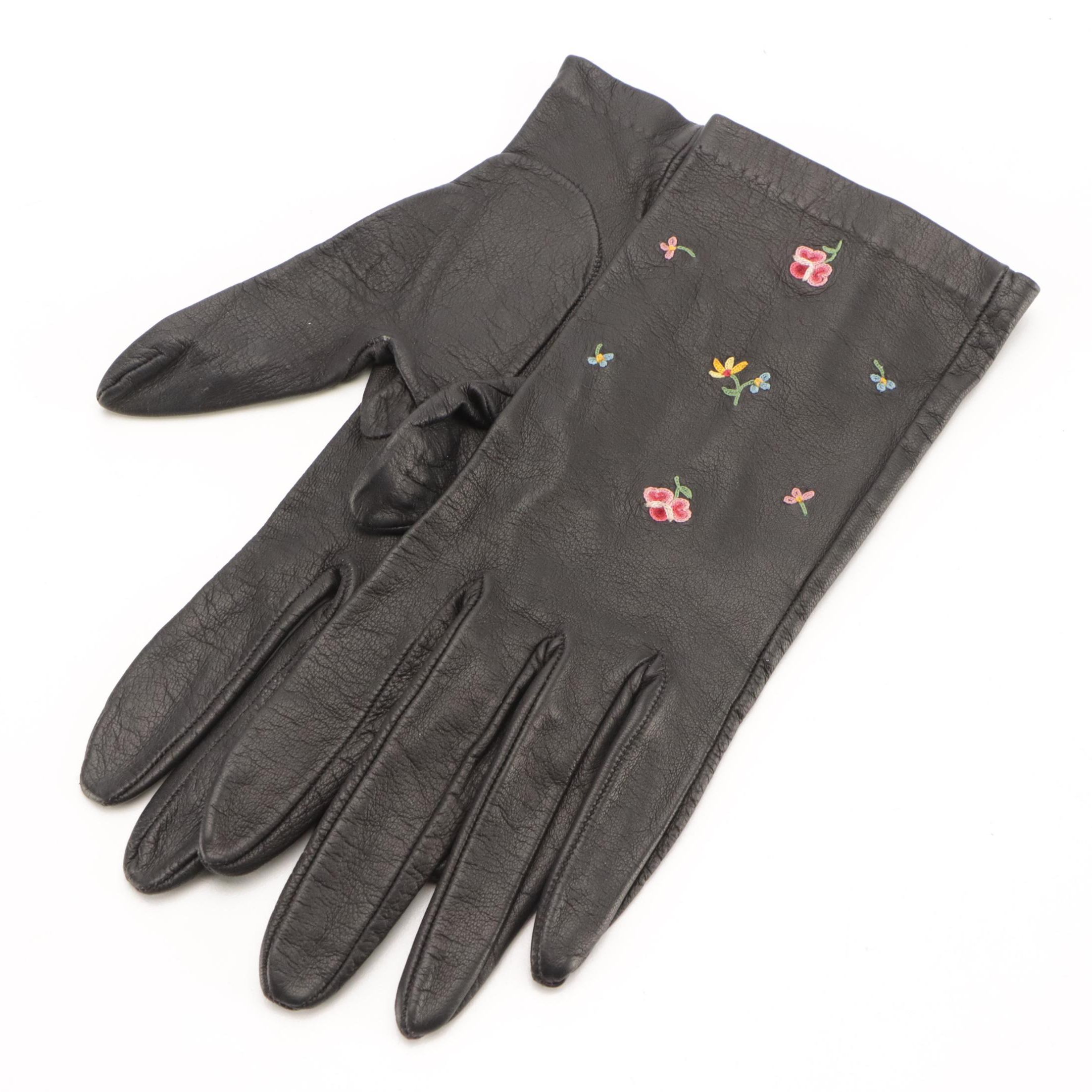 Black Leather Gloves with Floral Chain-Stitch Embroidery