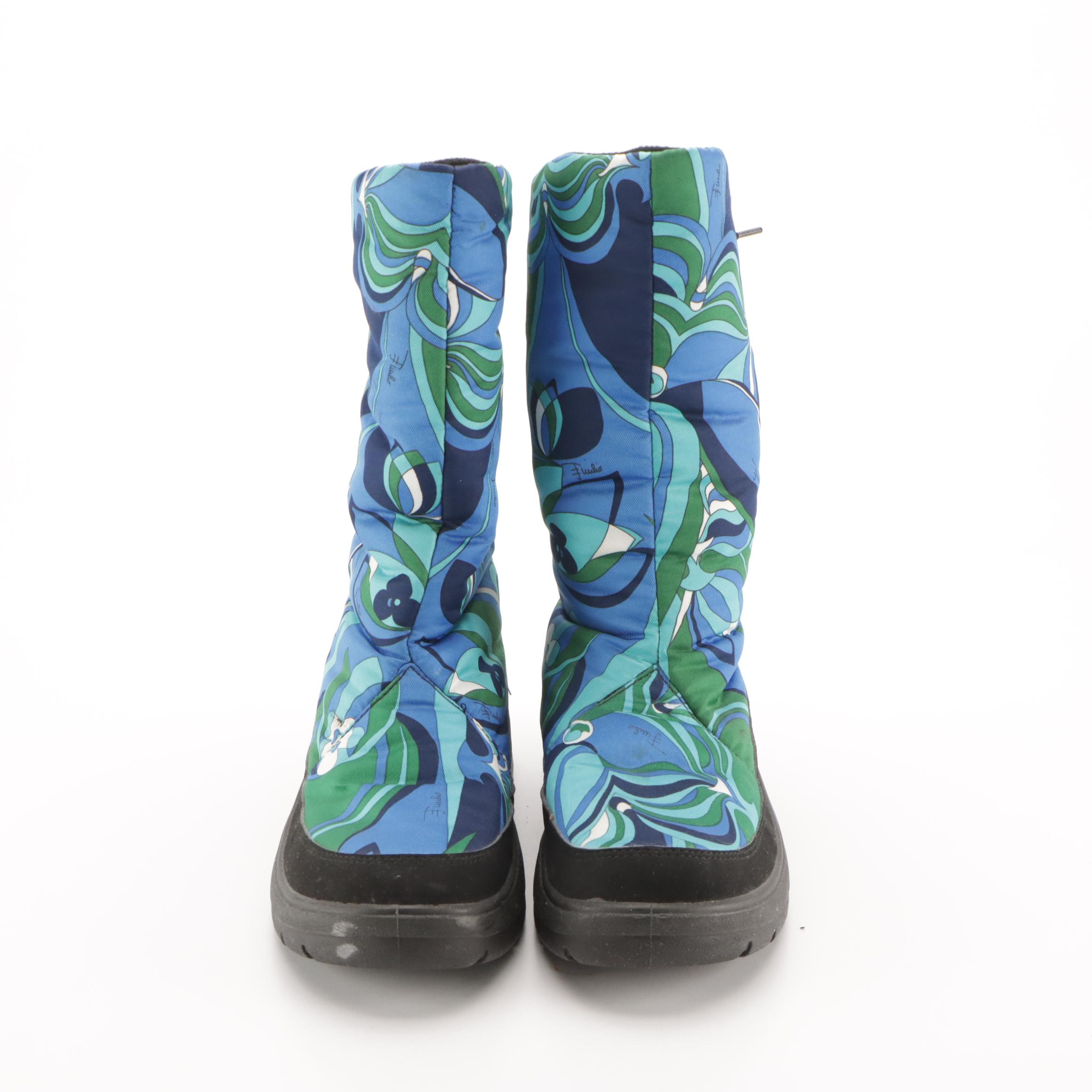 Emilio Pucci Blue Floral Print Lace-Up Snow Boots