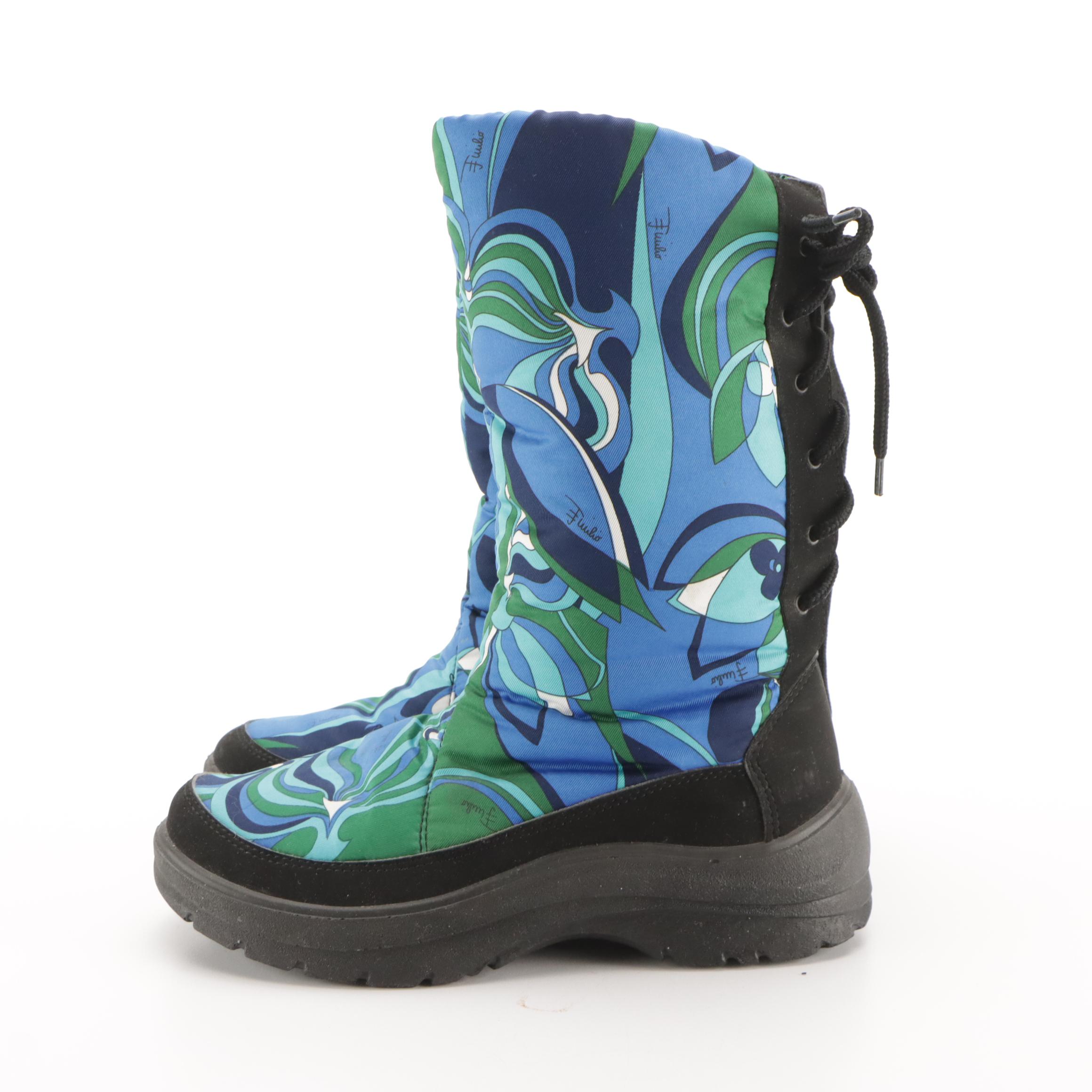 Emilio Pucci Blue Floral Print Lace-Up Snow Boots