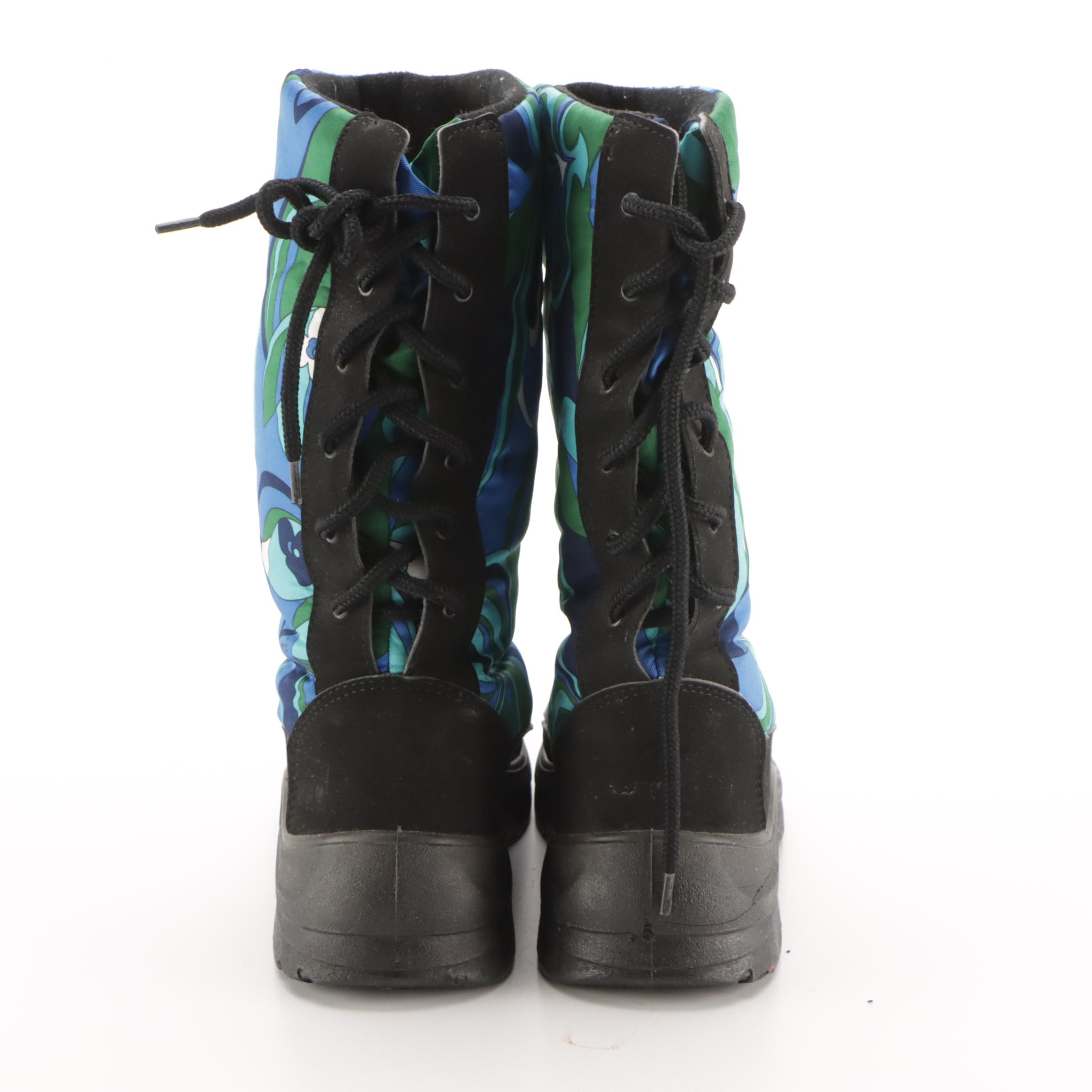 Emilio Pucci Blue Floral Print Lace-Up Snow Boots