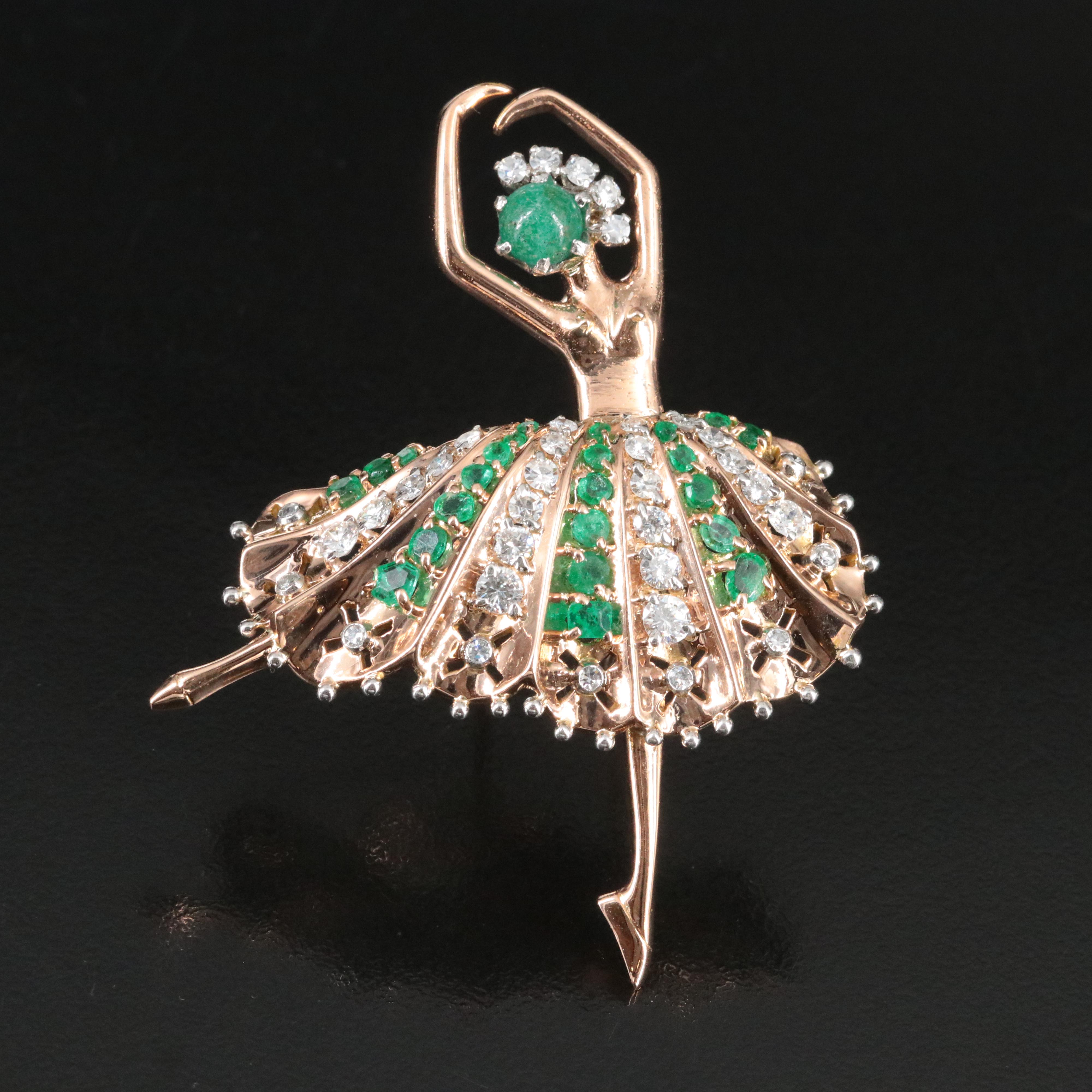 18K Rose Gold Emerald and 1.90 CTW Diamond Ballerina Brooch, Platinum Accents
