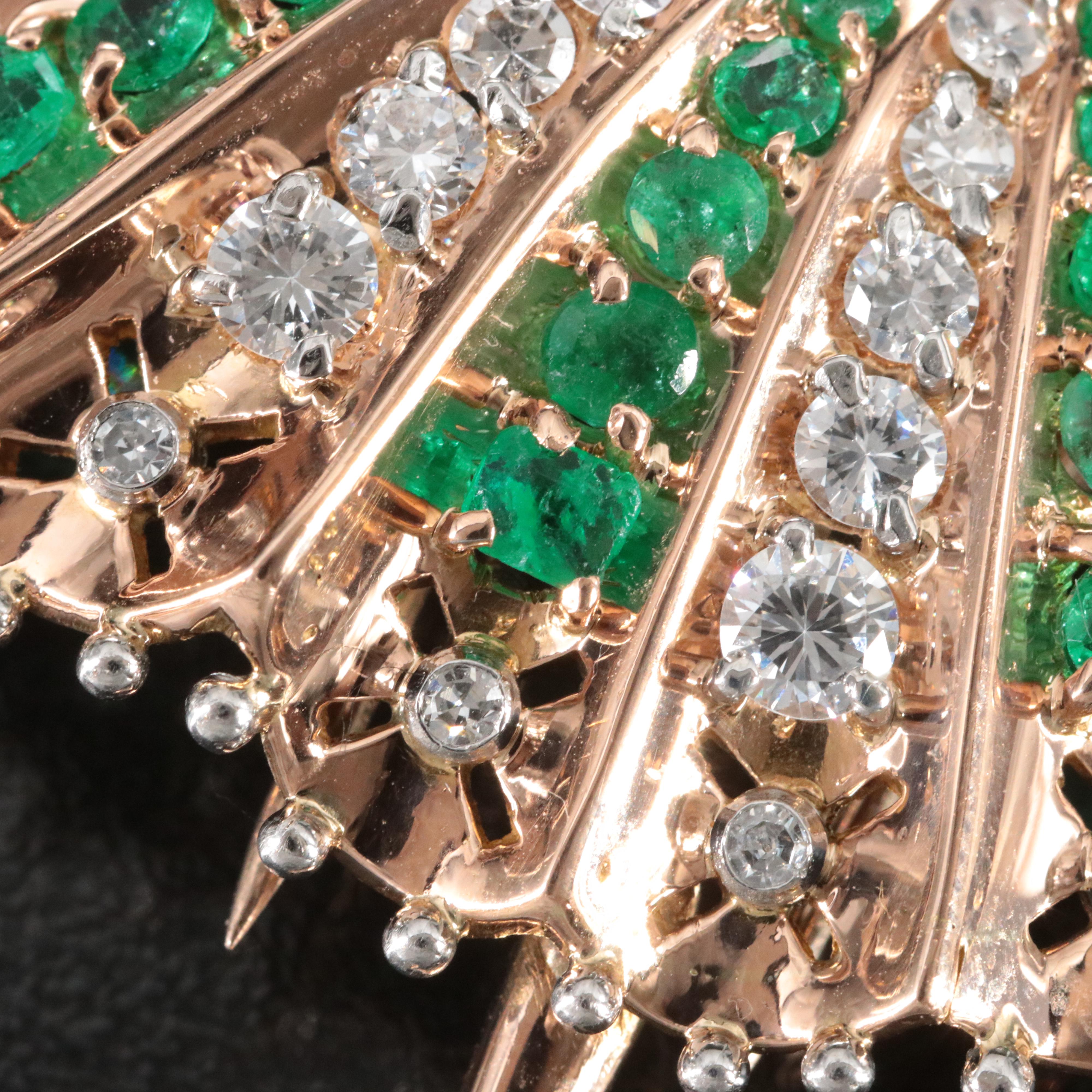 18K Rose Gold Emerald and 1.90 CTW Diamond Ballerina Brooch, Platinum Accents