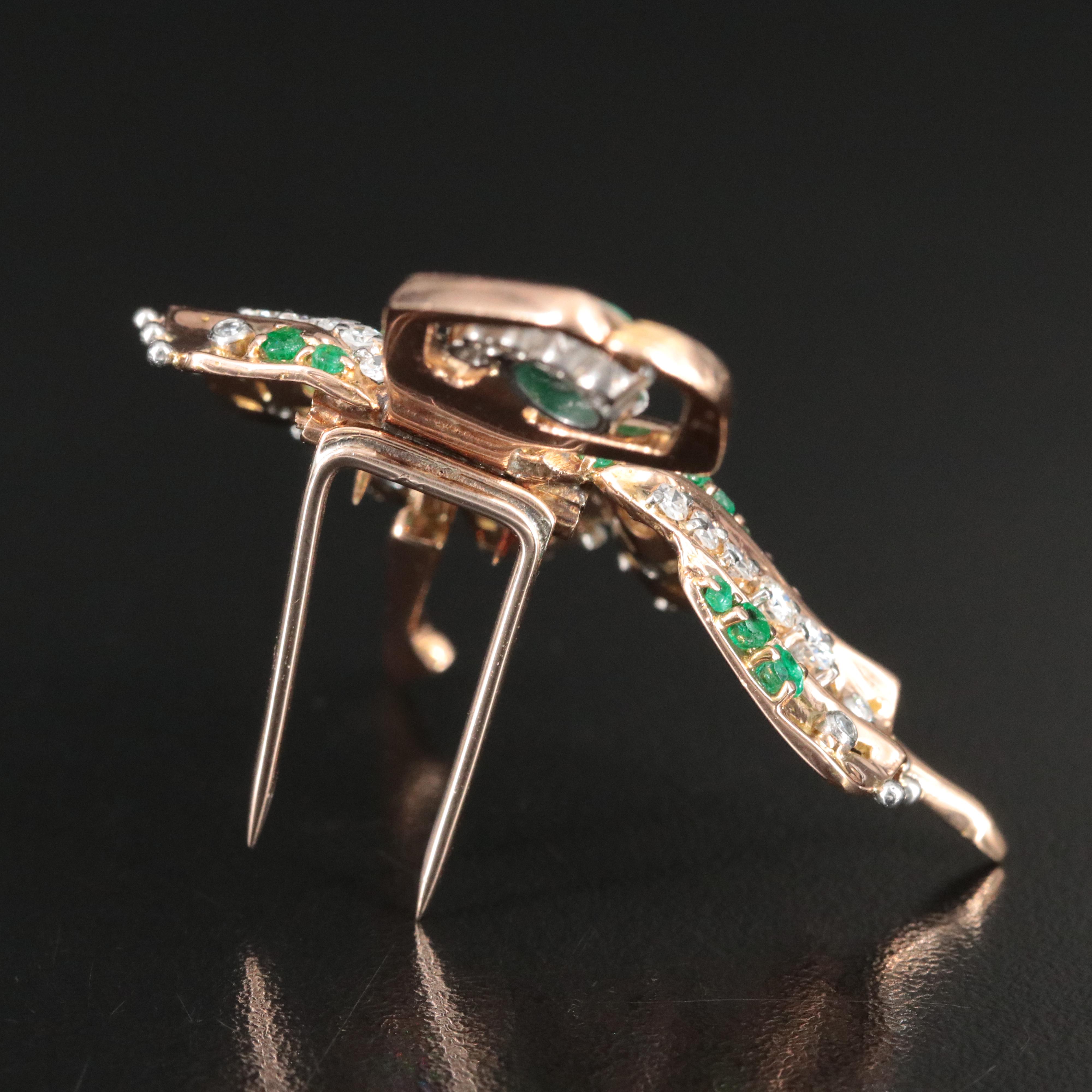 18K Rose Gold Emerald and 1.90 CTW Diamond Ballerina Brooch, Platinum Accents