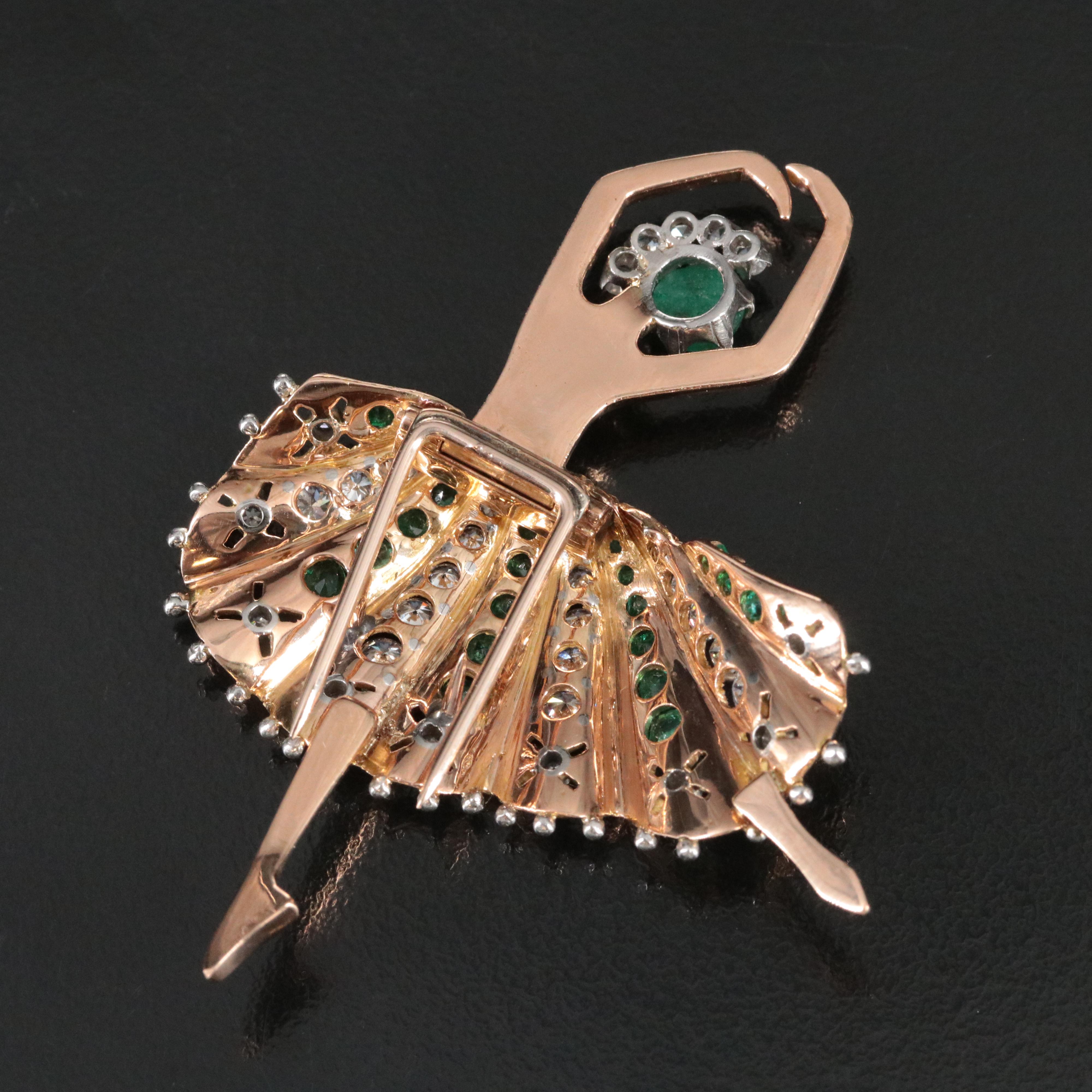 18K Rose Gold Emerald and 1.90 CTW Diamond Ballerina Brooch, Platinum Accents