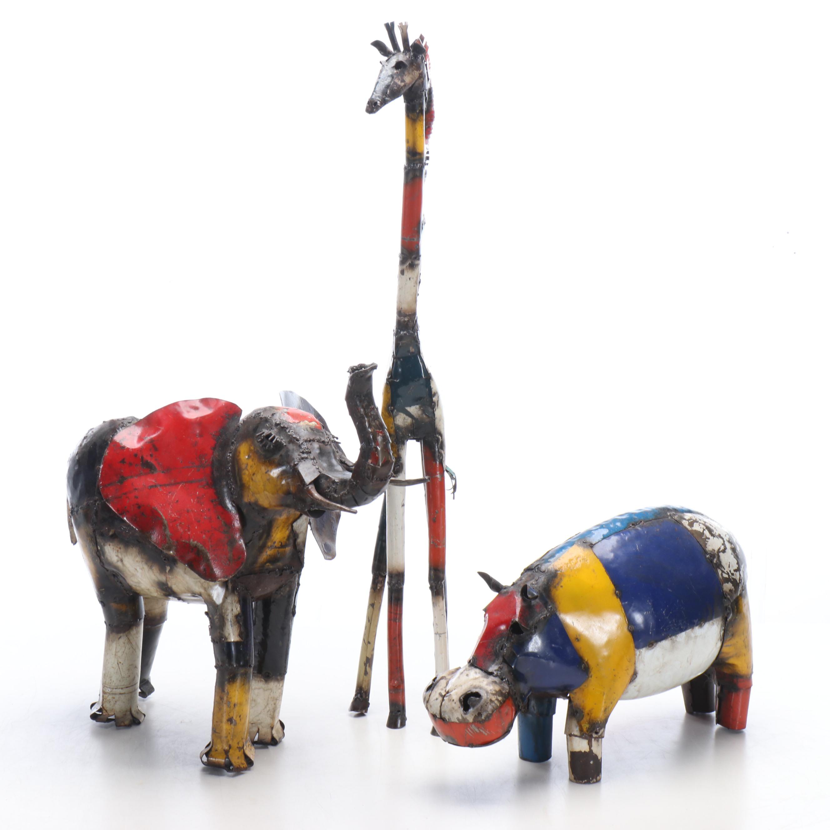 Upcycled Metal Elephant, Giraffe and Hippo Sculptures