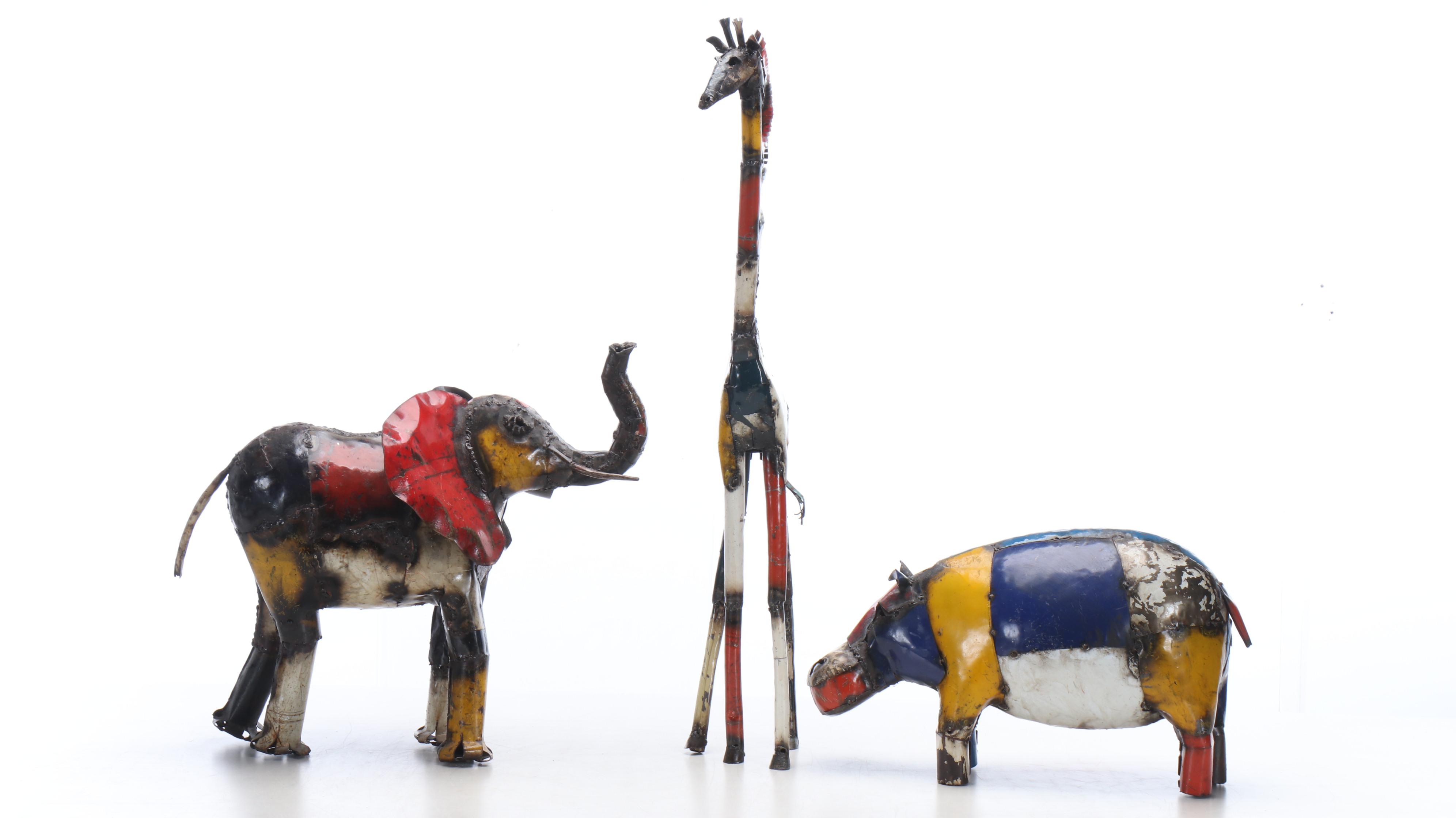 Upcycled Metal Elephant, Giraffe and Hippo Sculptures