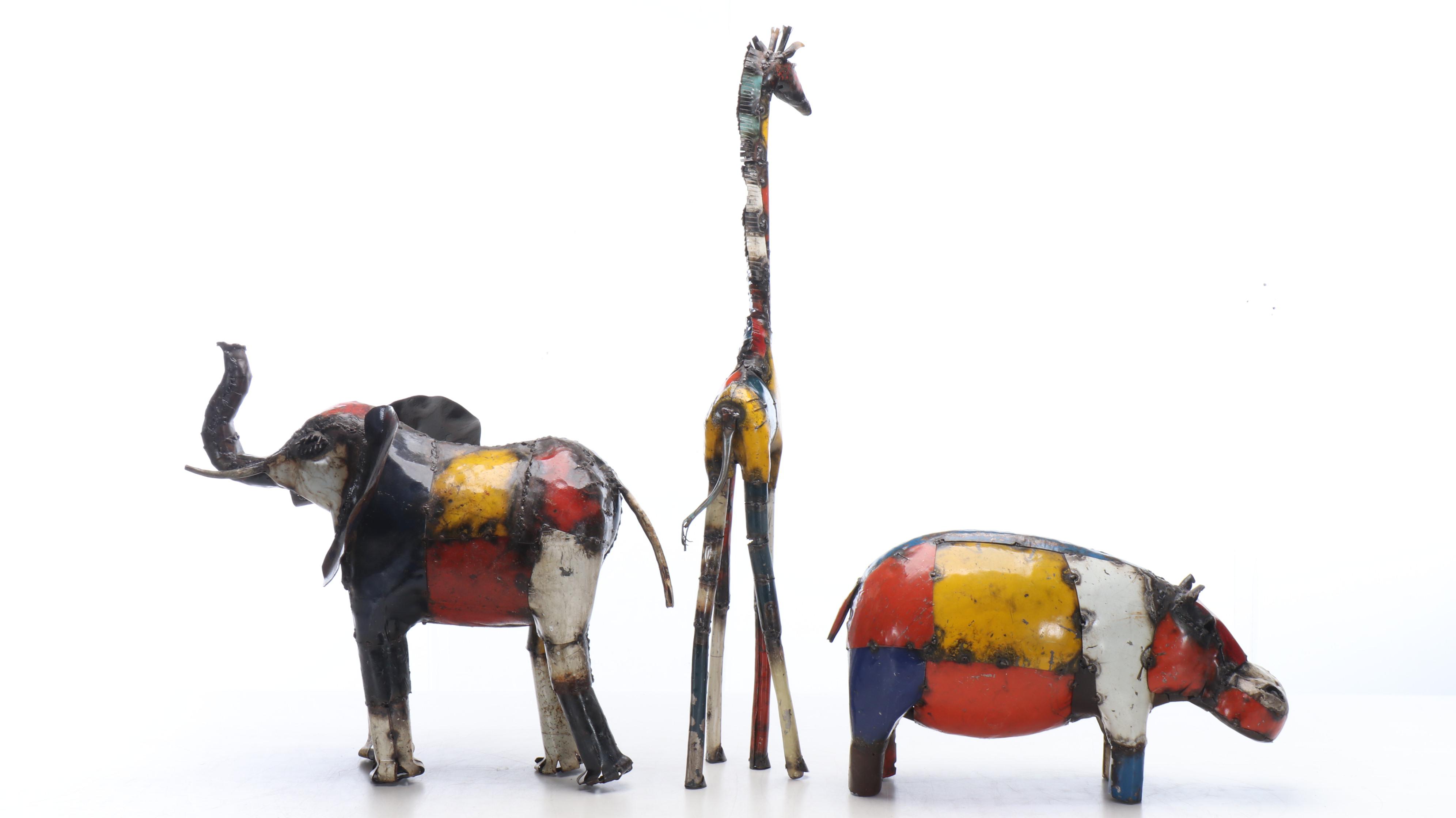 Upcycled Metal Elephant, Giraffe and Hippo Sculptures