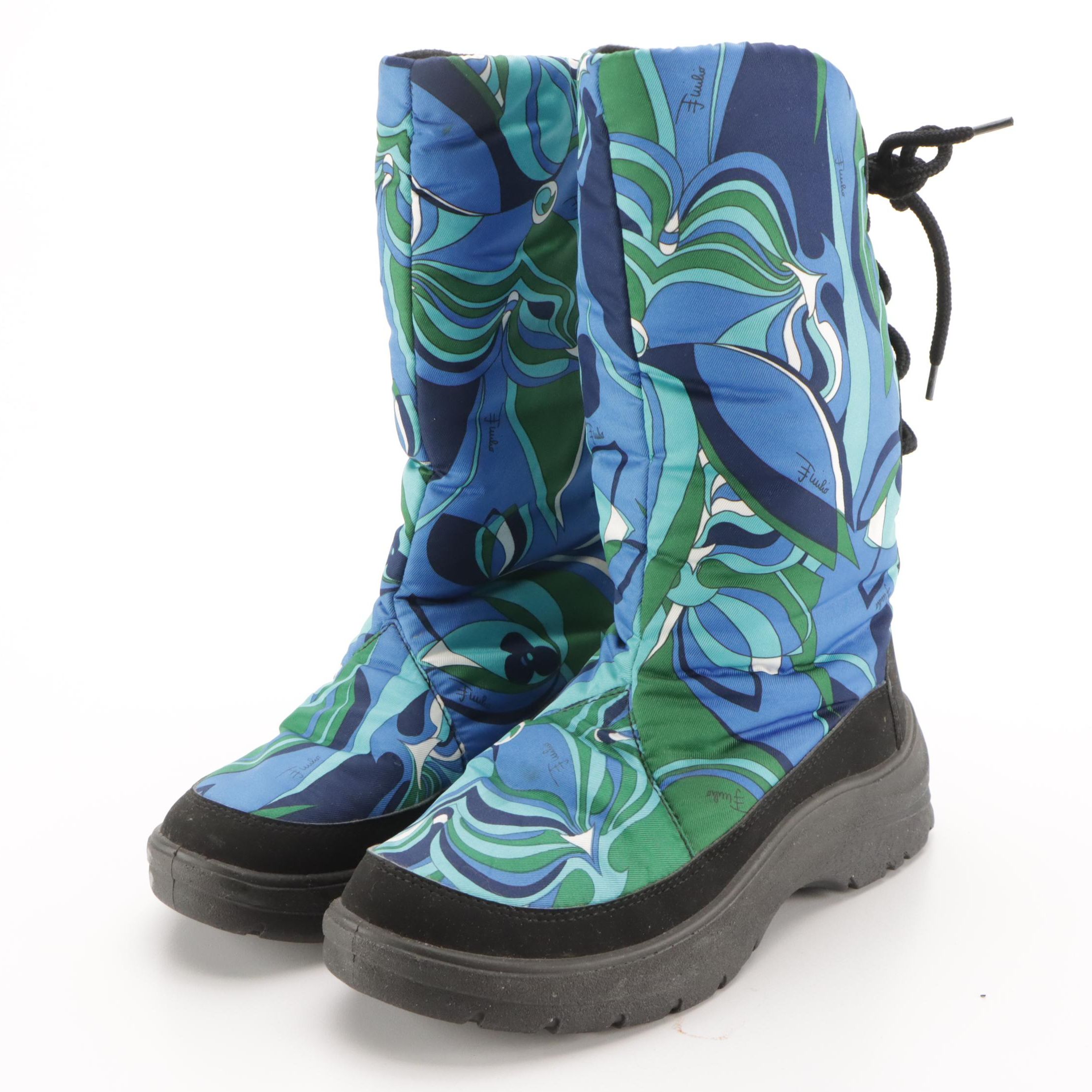 Emilio Pucci Blue Floral Print Lace-Up Snow Boots