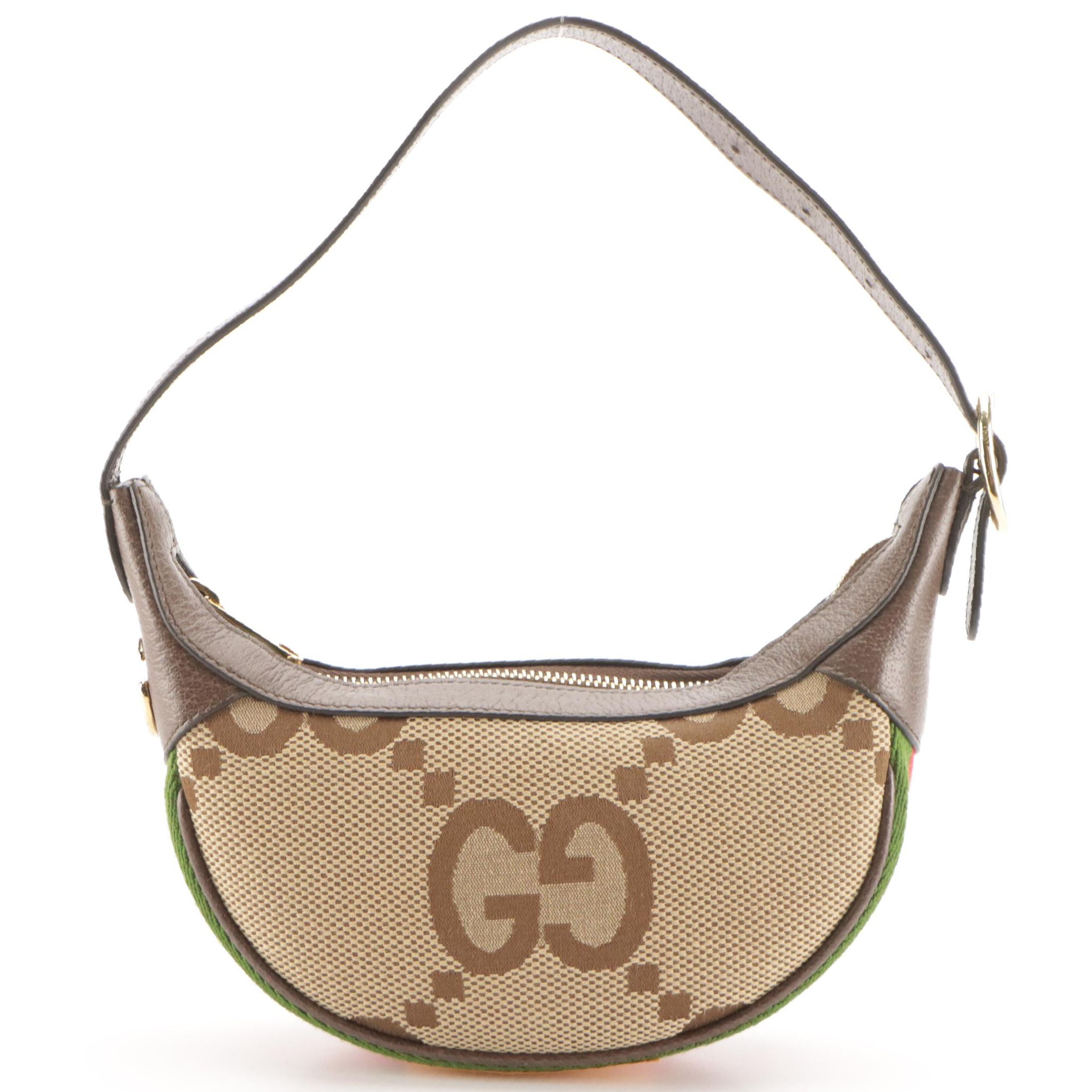 Gucci Ophidia Half Moon Mini Bag in Jumbo GG Canvas and Brown Leather