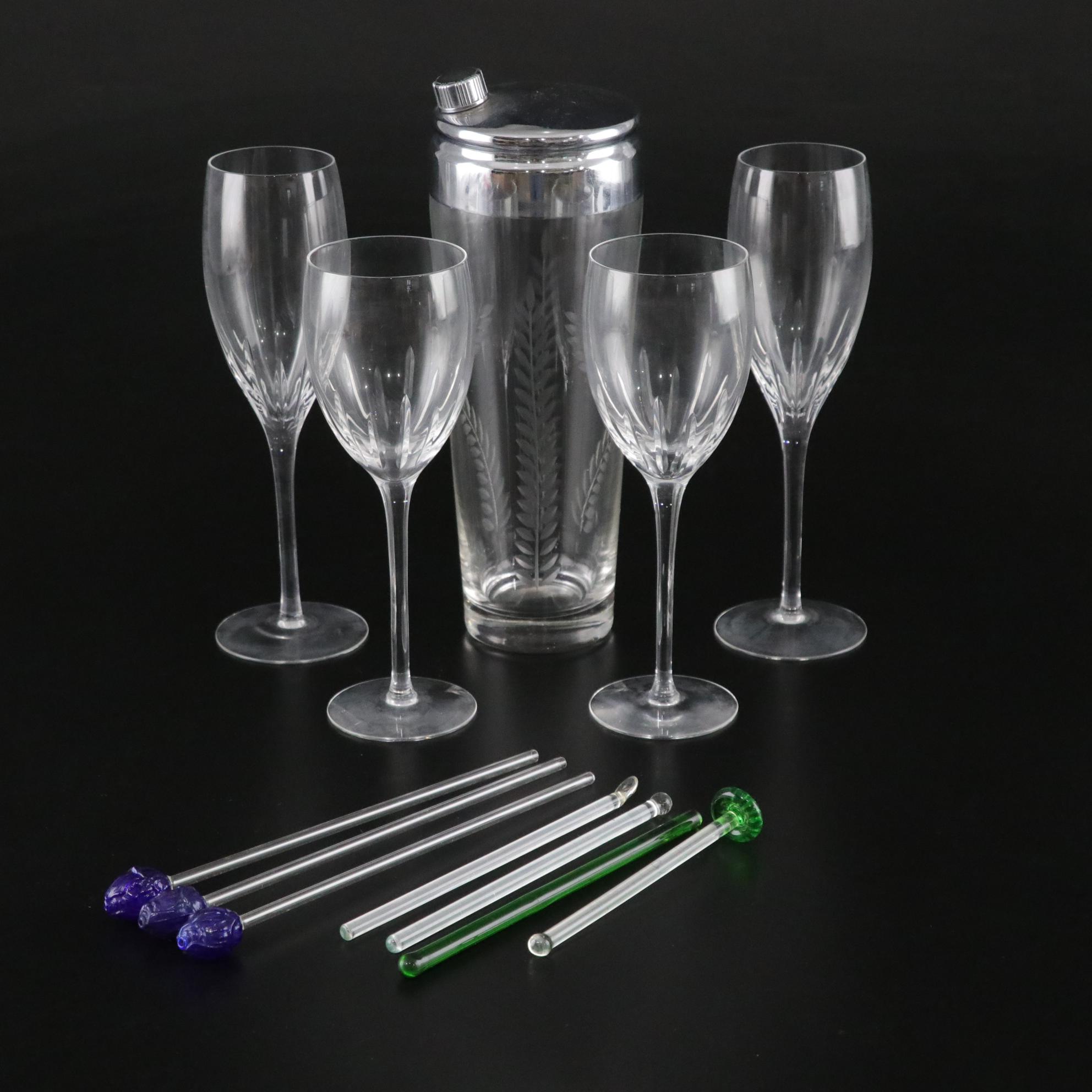 Lenox "Starfire" Stemware with Etched Glass Cocktail Shaker & Stirrers, 1960s