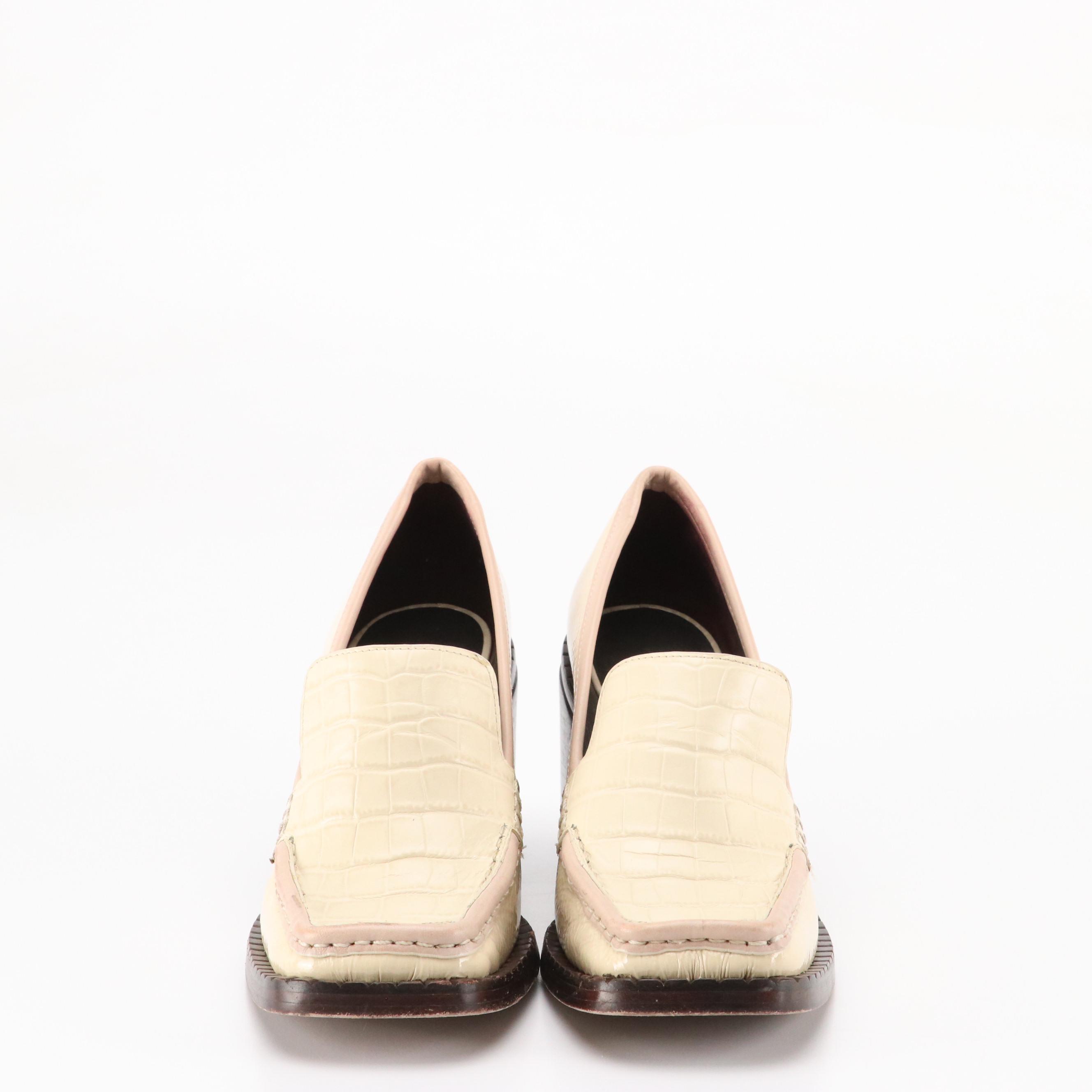 Tory Burch 70s Square-Toe Heeled Loafers in Cream Croc Embossed Patent Leather