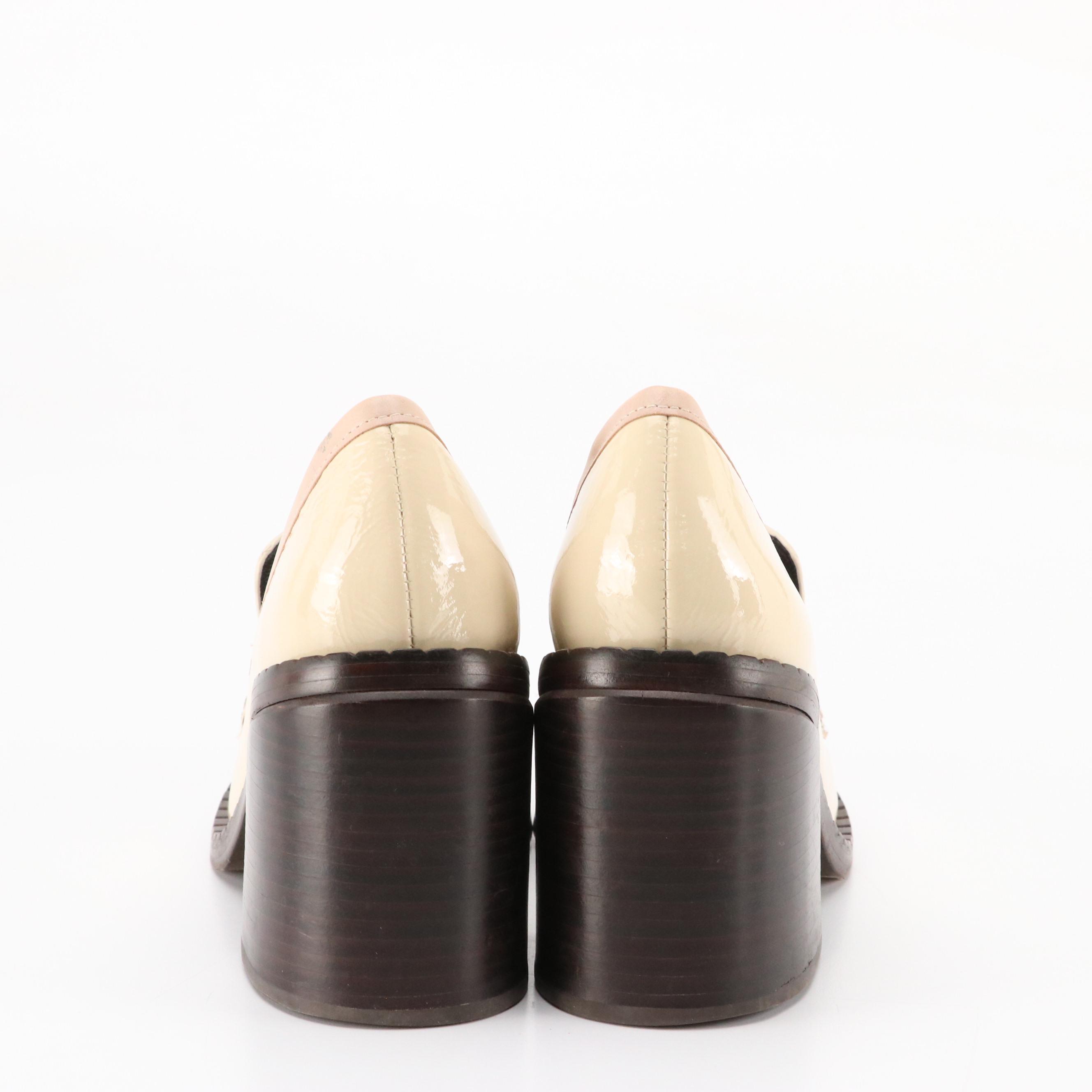 Tory Burch 70s Square-Toe Heeled Loafers in Cream Croc Embossed Patent Leather