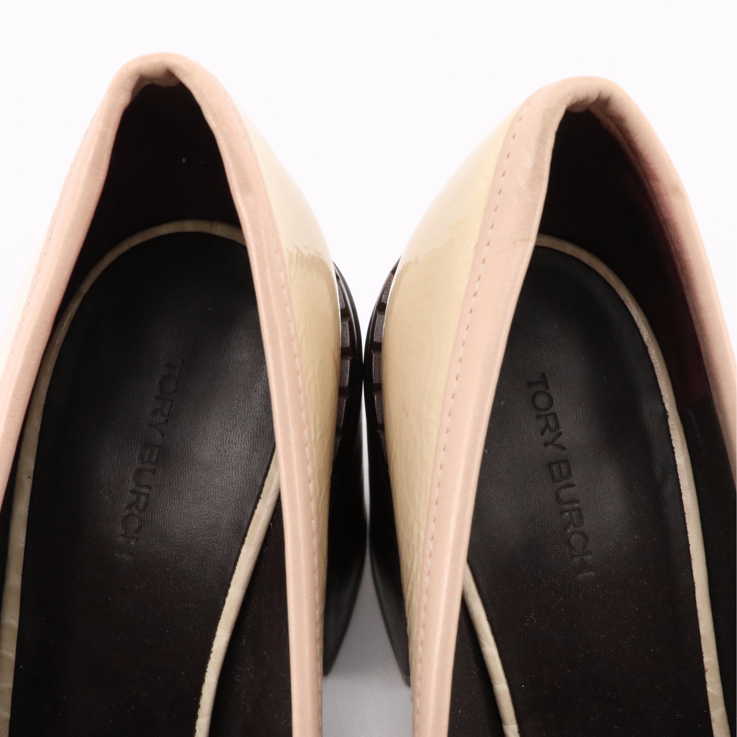 Tory Burch 70s Square-Toe Heeled Loafers in Cream Croc Embossed Patent Leather