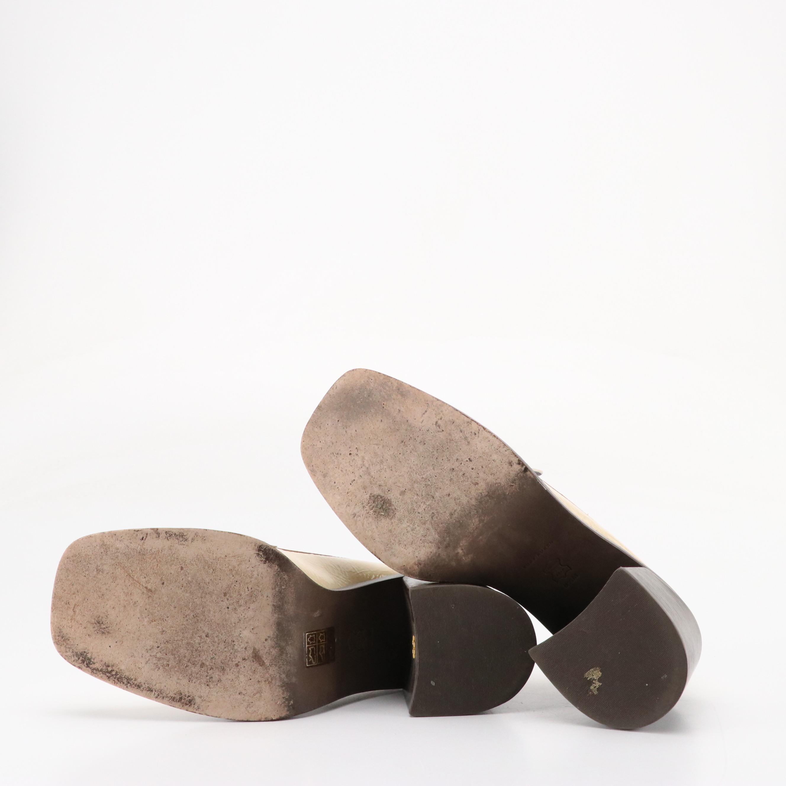 Tory Burch 70s Square-Toe Heeled Loafers in Cream Croc Embossed Patent Leather