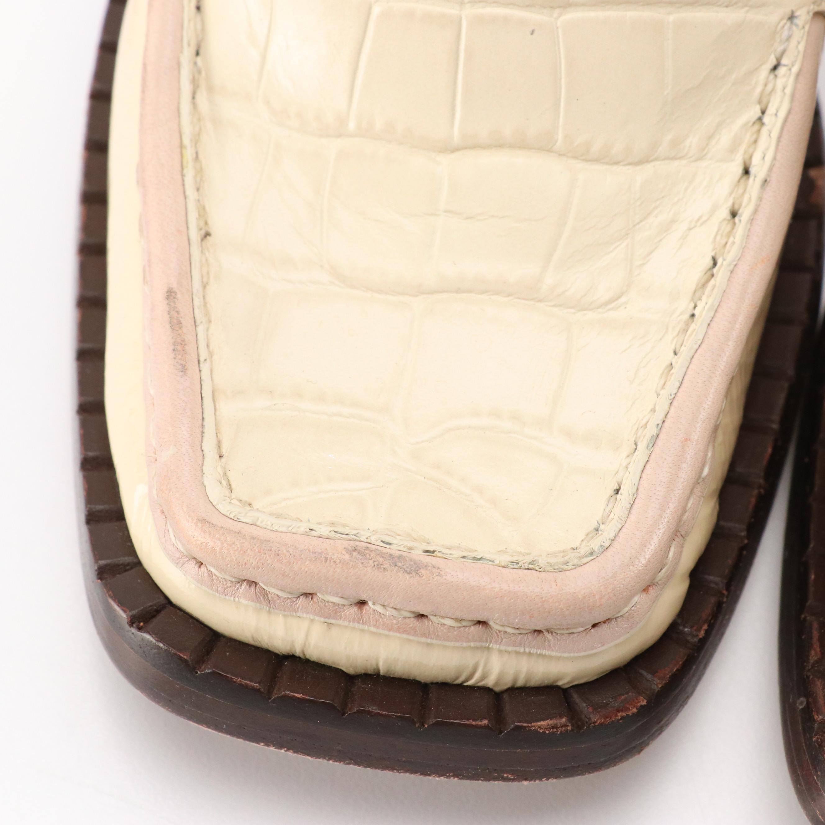 Tory Burch 70s Square-Toe Heeled Loafers in Cream Croc Embossed Patent Leather