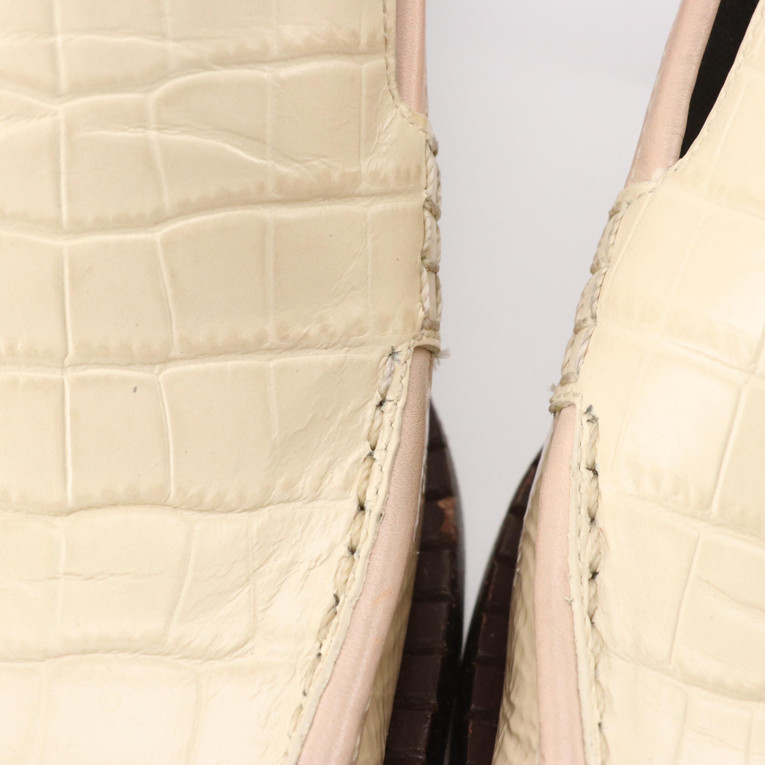 Tory Burch 70s Square-Toe Heeled Loafers in Cream Croc Embossed Patent Leather