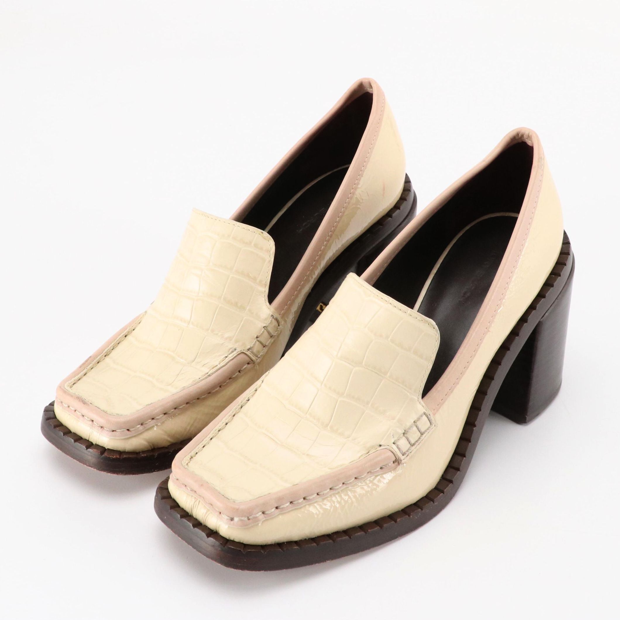 Tory Burch 70s Square-Toe Heeled Loafers in Cream Croc Embossed Patent Leather