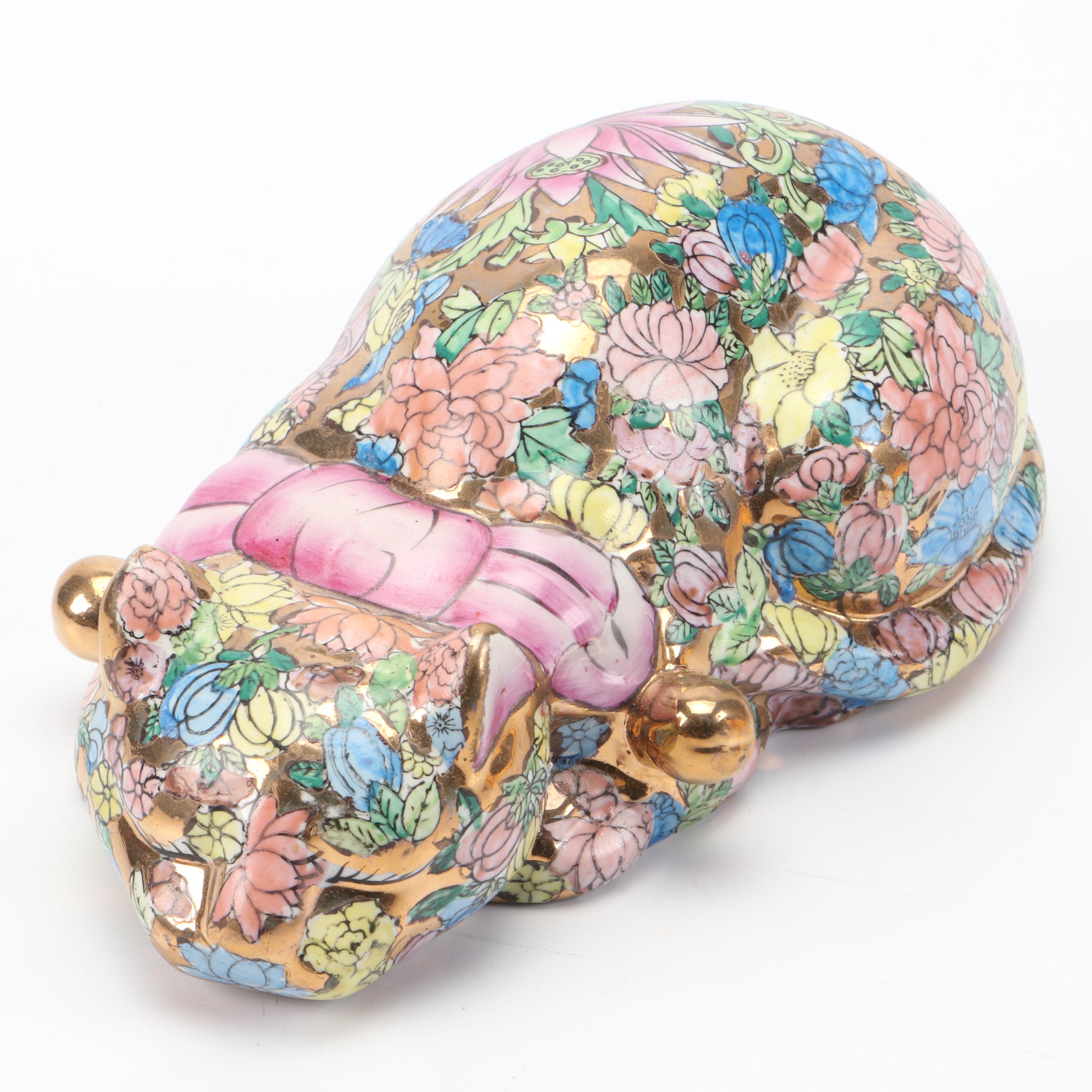 Chinese Hand-Painted "1000 Flowers" Sleeping Cat Figurine