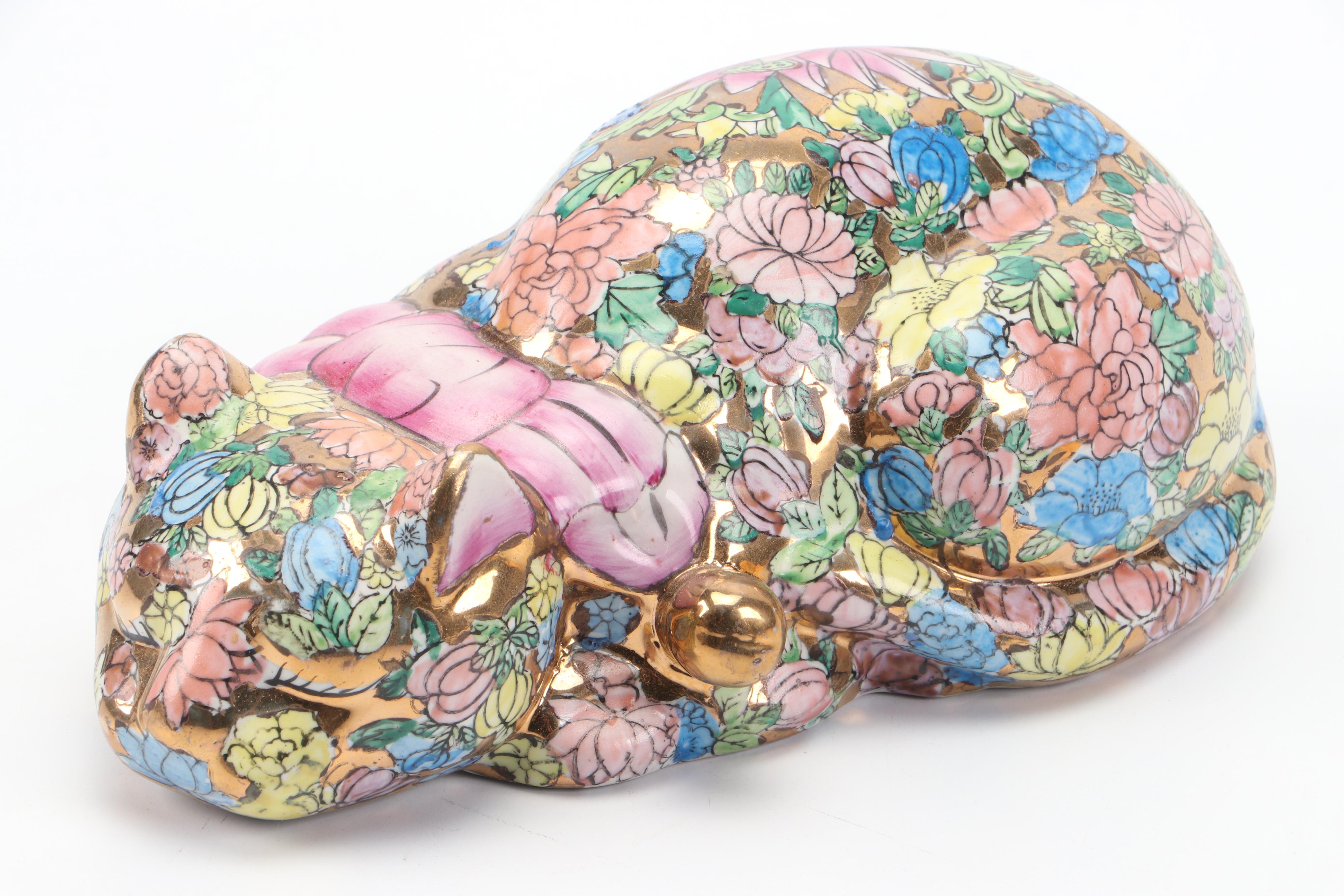 Chinese Hand-Painted "1000 Flowers" Sleeping Cat Figurine