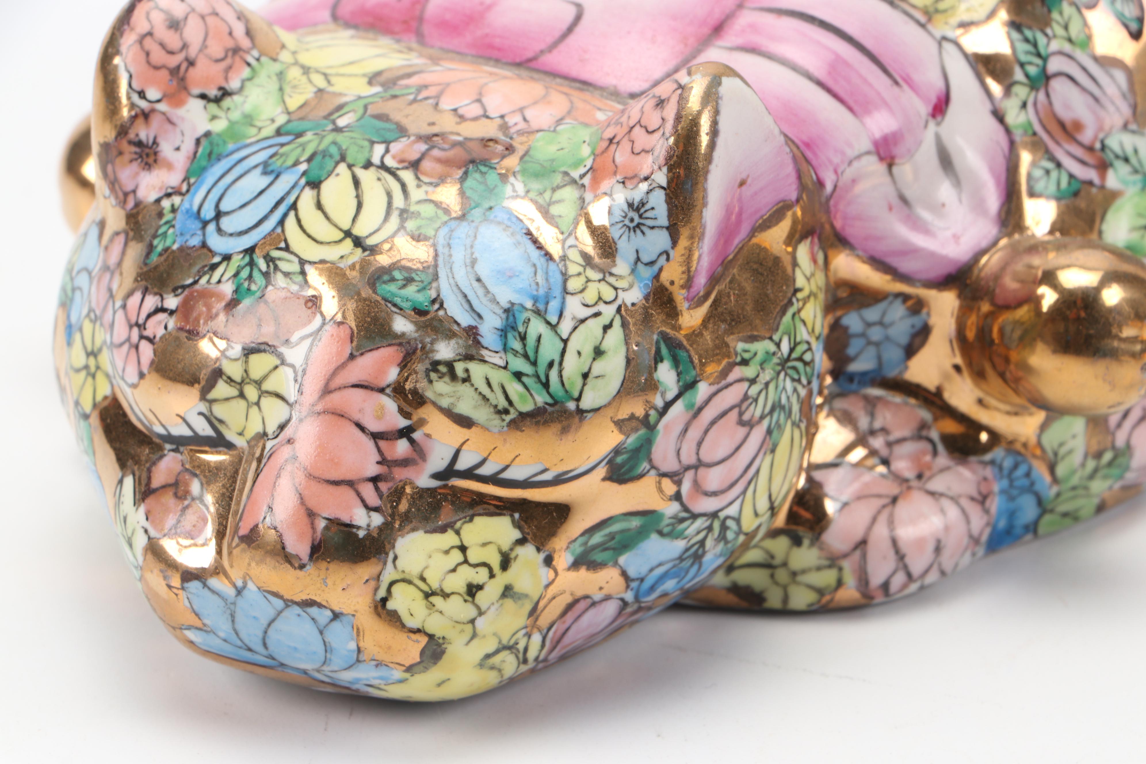 Chinese Hand-Painted "1000 Flowers" Sleeping Cat Figurine