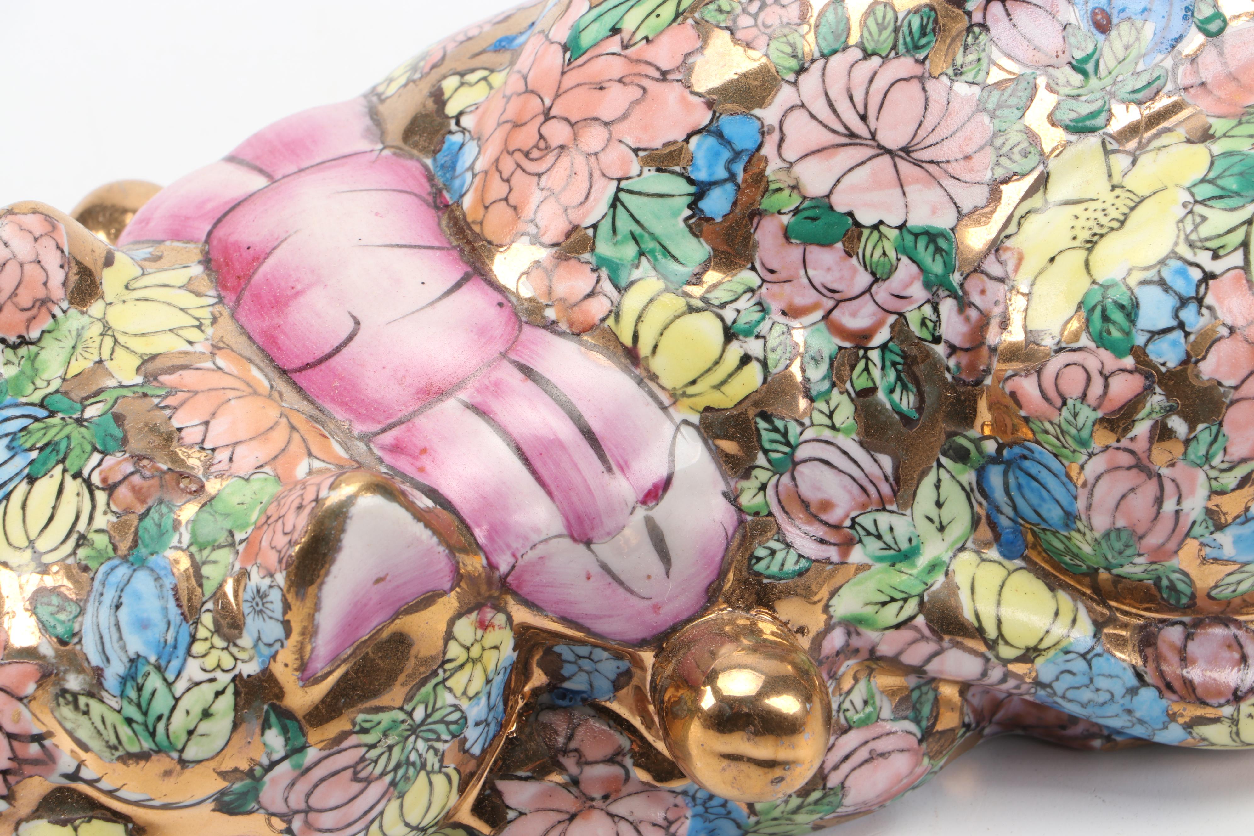 Chinese Hand-Painted "1000 Flowers" Sleeping Cat Figurine