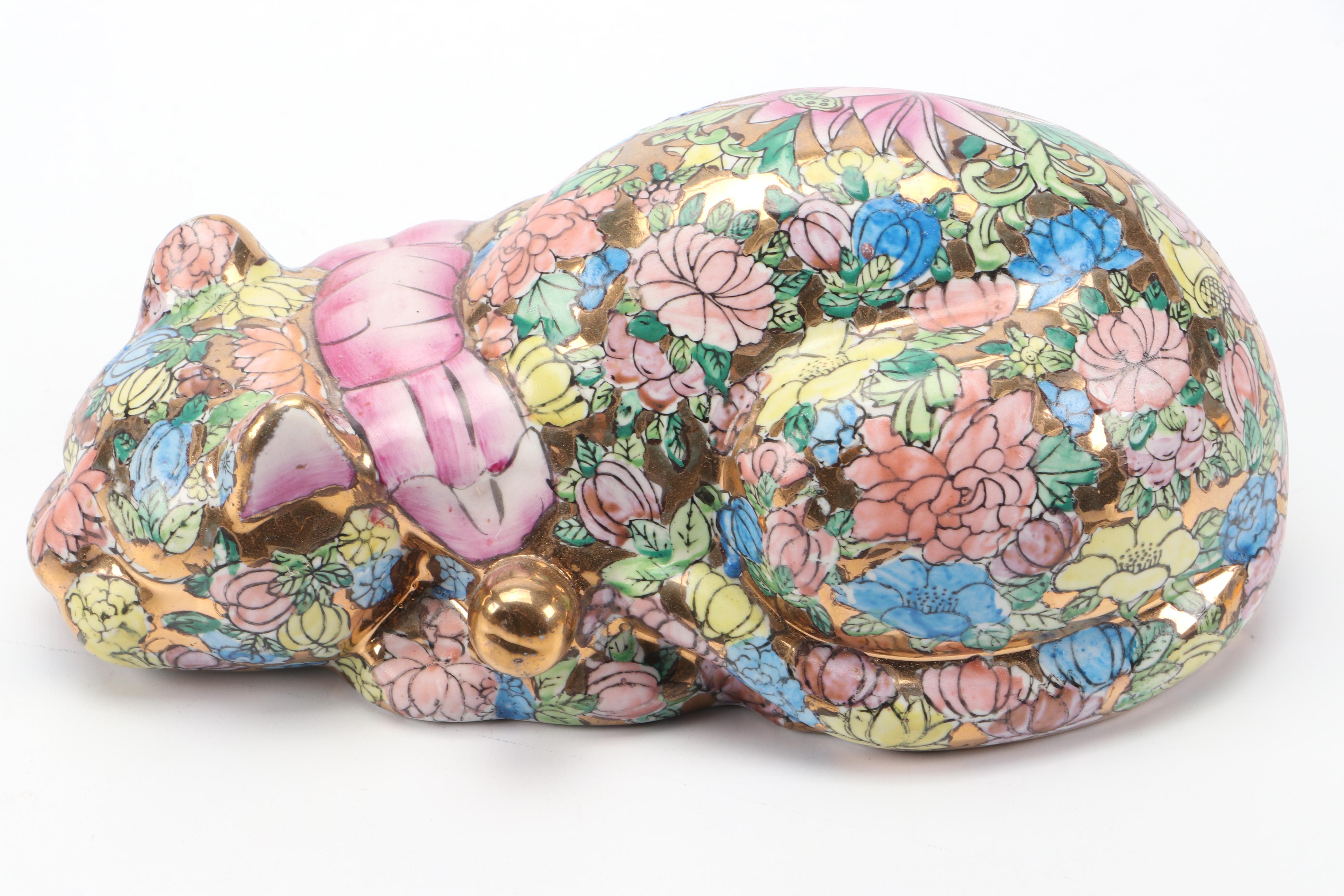 Chinese Hand-Painted "1000 Flowers" Sleeping Cat Figurine
