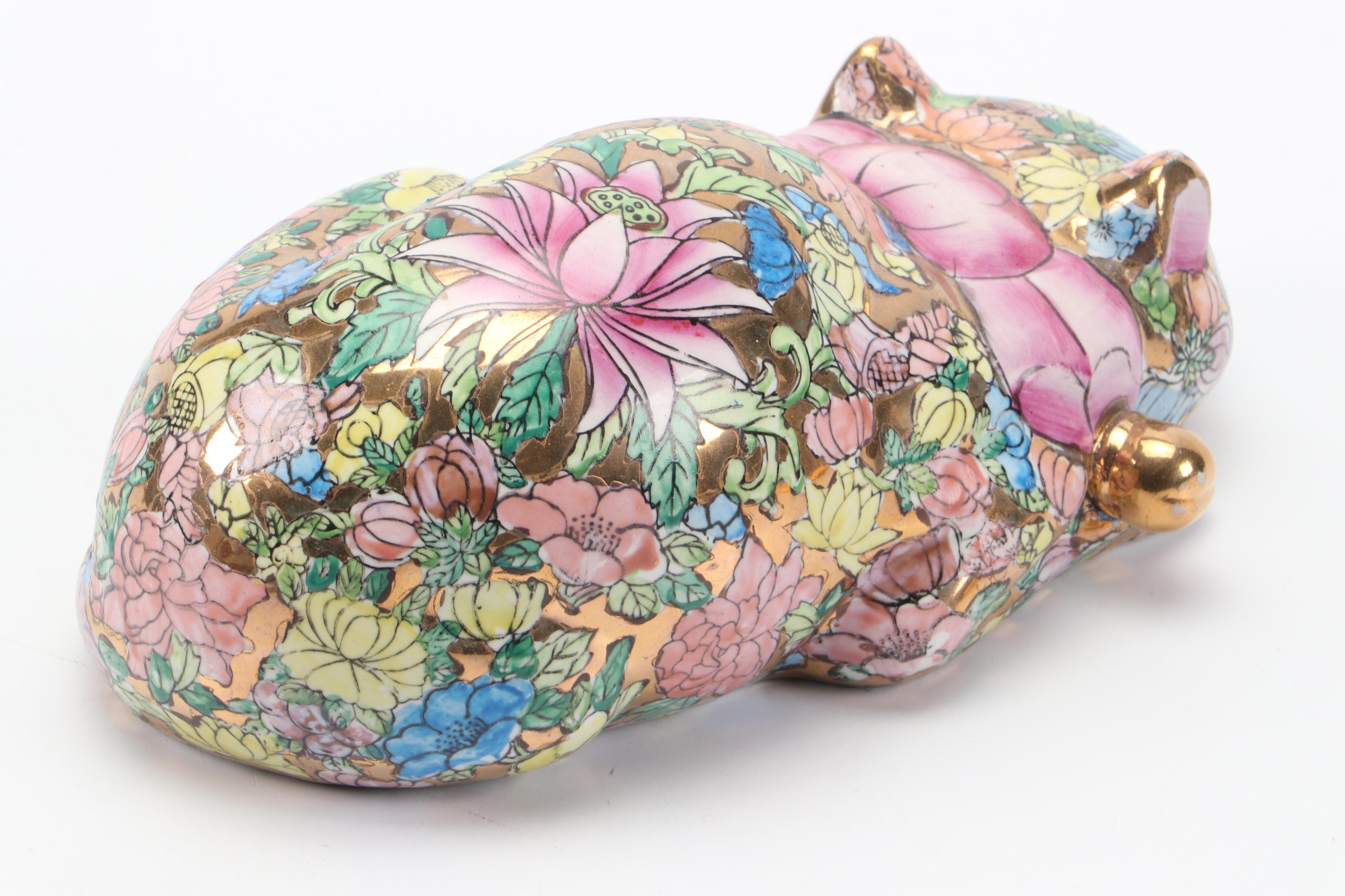 Chinese Hand-Painted "1000 Flowers" Sleeping Cat Figurine