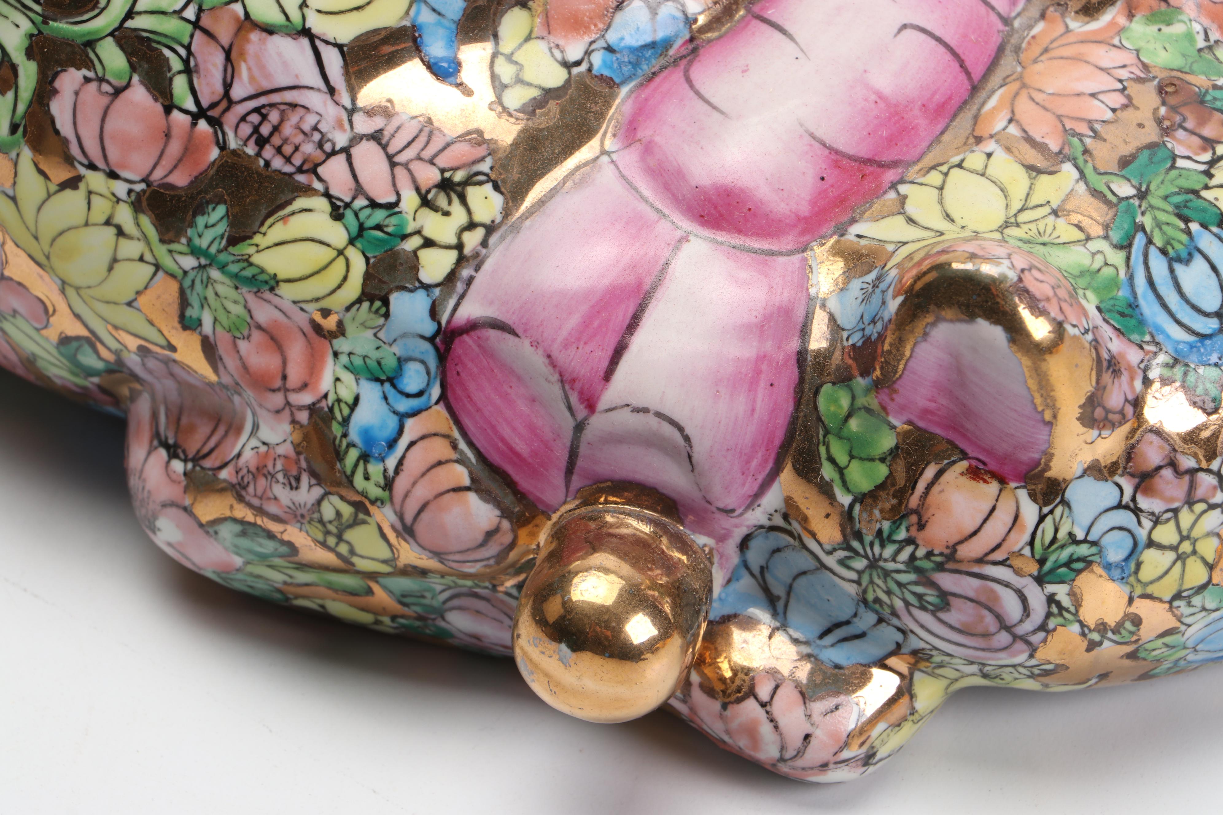 Chinese Hand-Painted "1000 Flowers" Sleeping Cat Figurine