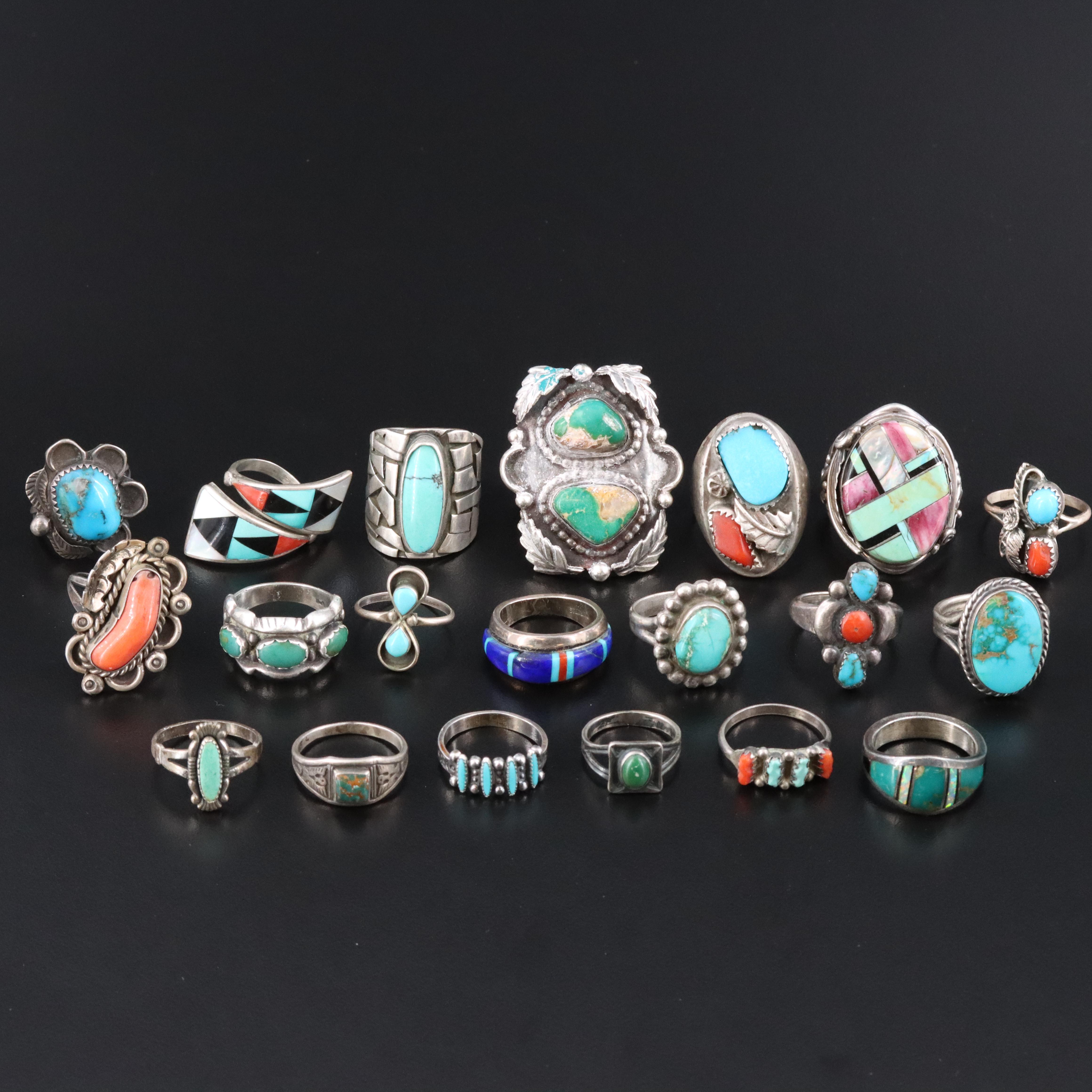 Signed Southwestern Sterling Ring Collection with Turquoise, Coral and Abalone