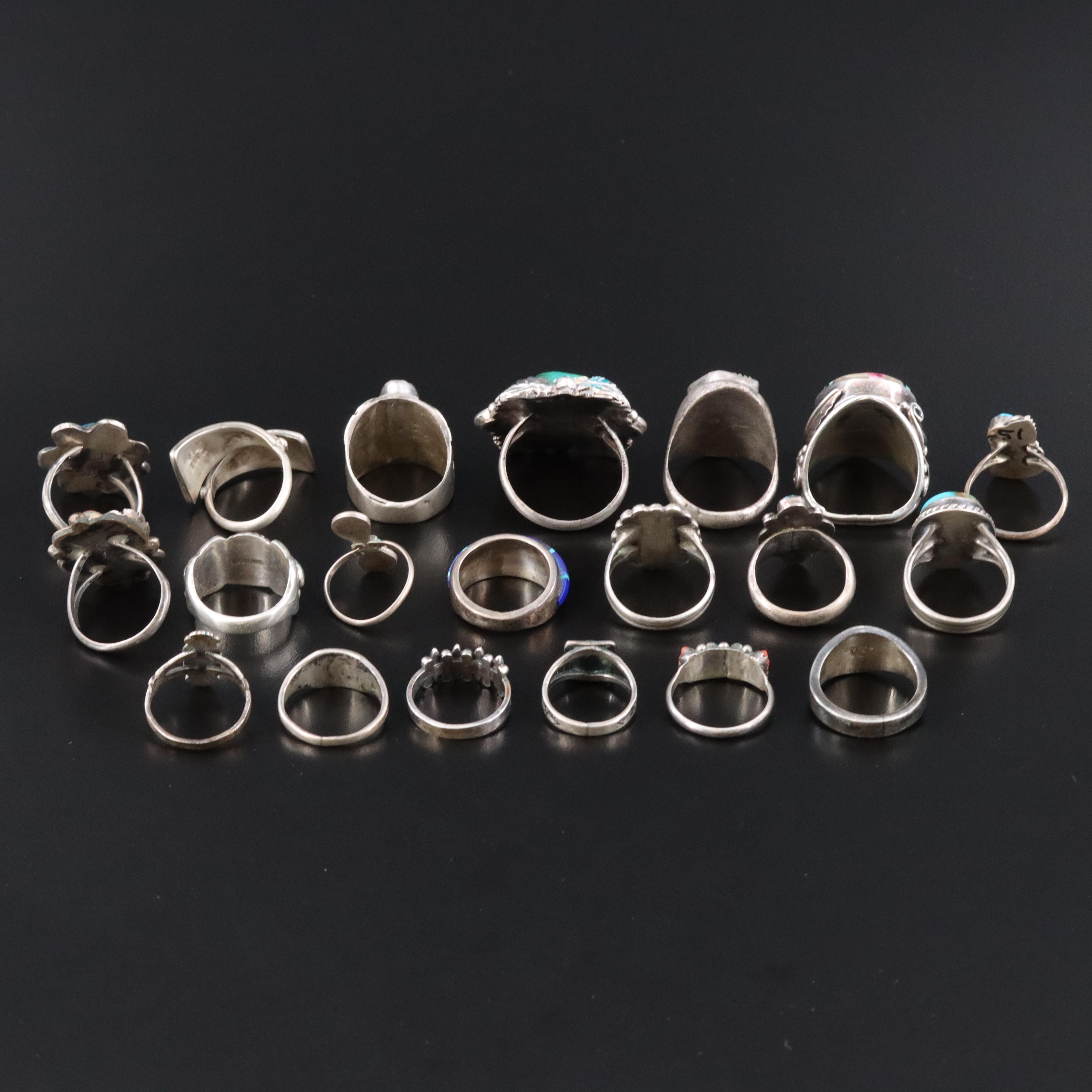 Signed Southwestern Sterling Ring Collection with Turquoise, Coral and Abalone