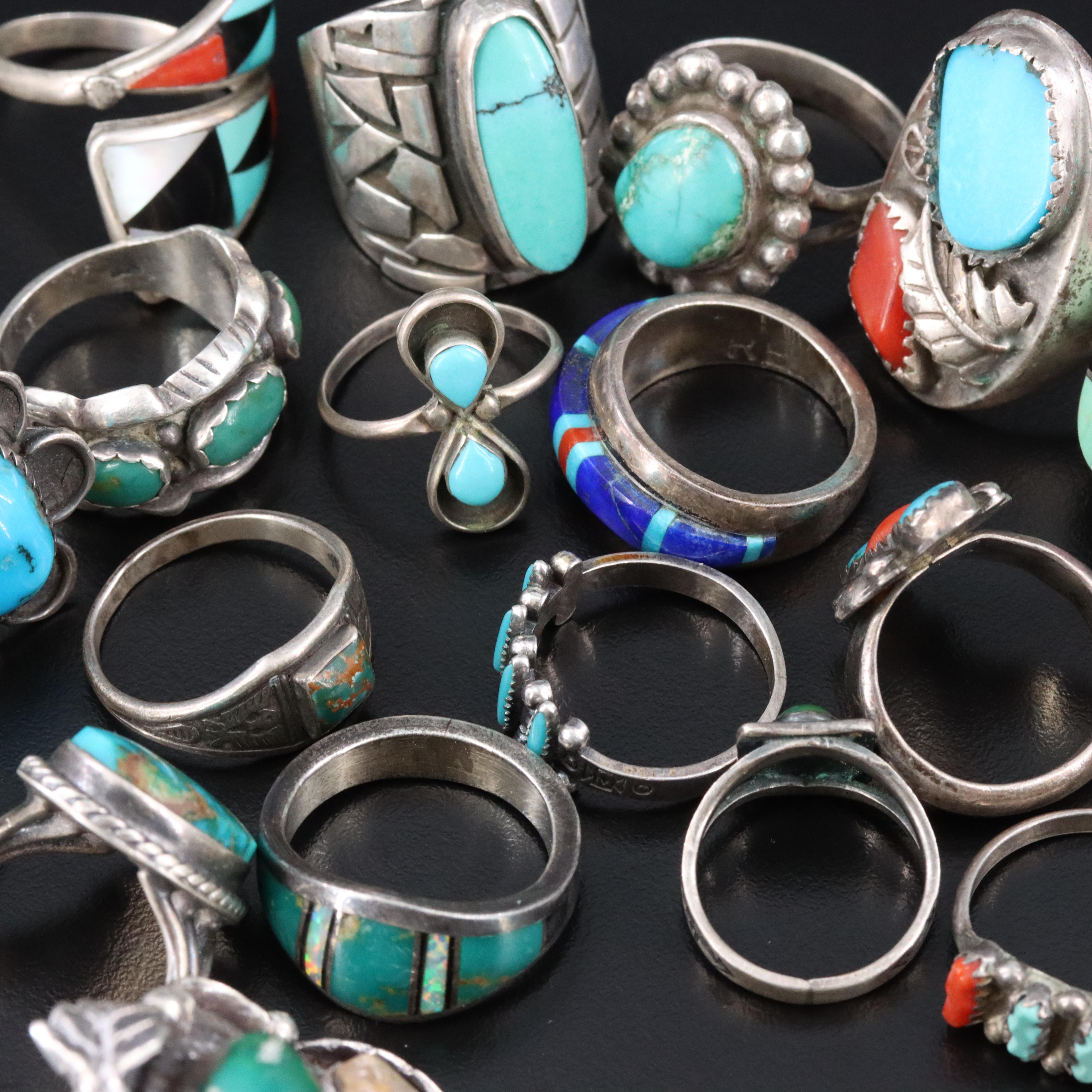 Signed Southwestern Sterling Ring Collection with Turquoise, Coral and Abalone