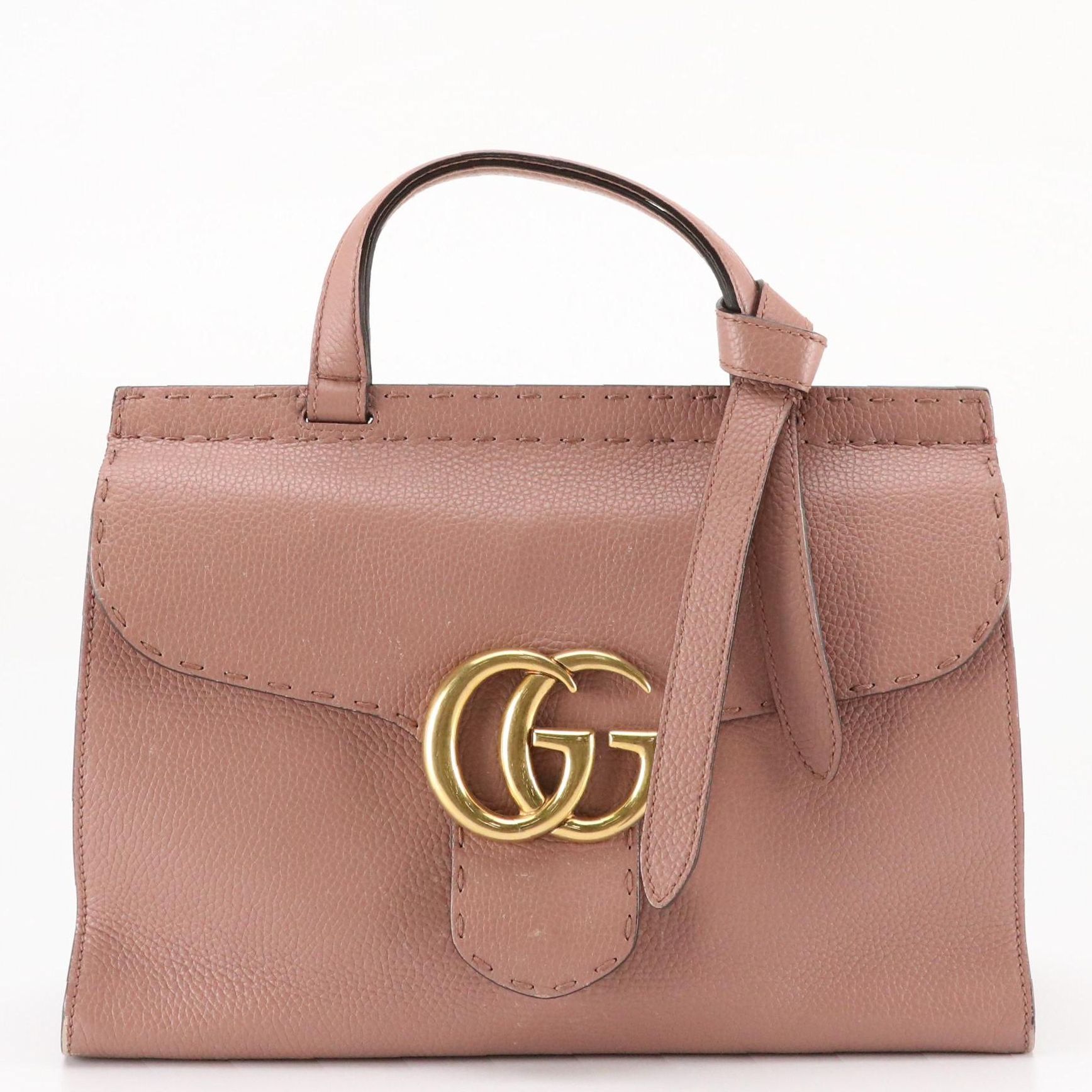 Gucci GG Marmont Top Handle Shoulder Bag in Blush Mauve Grained Leather