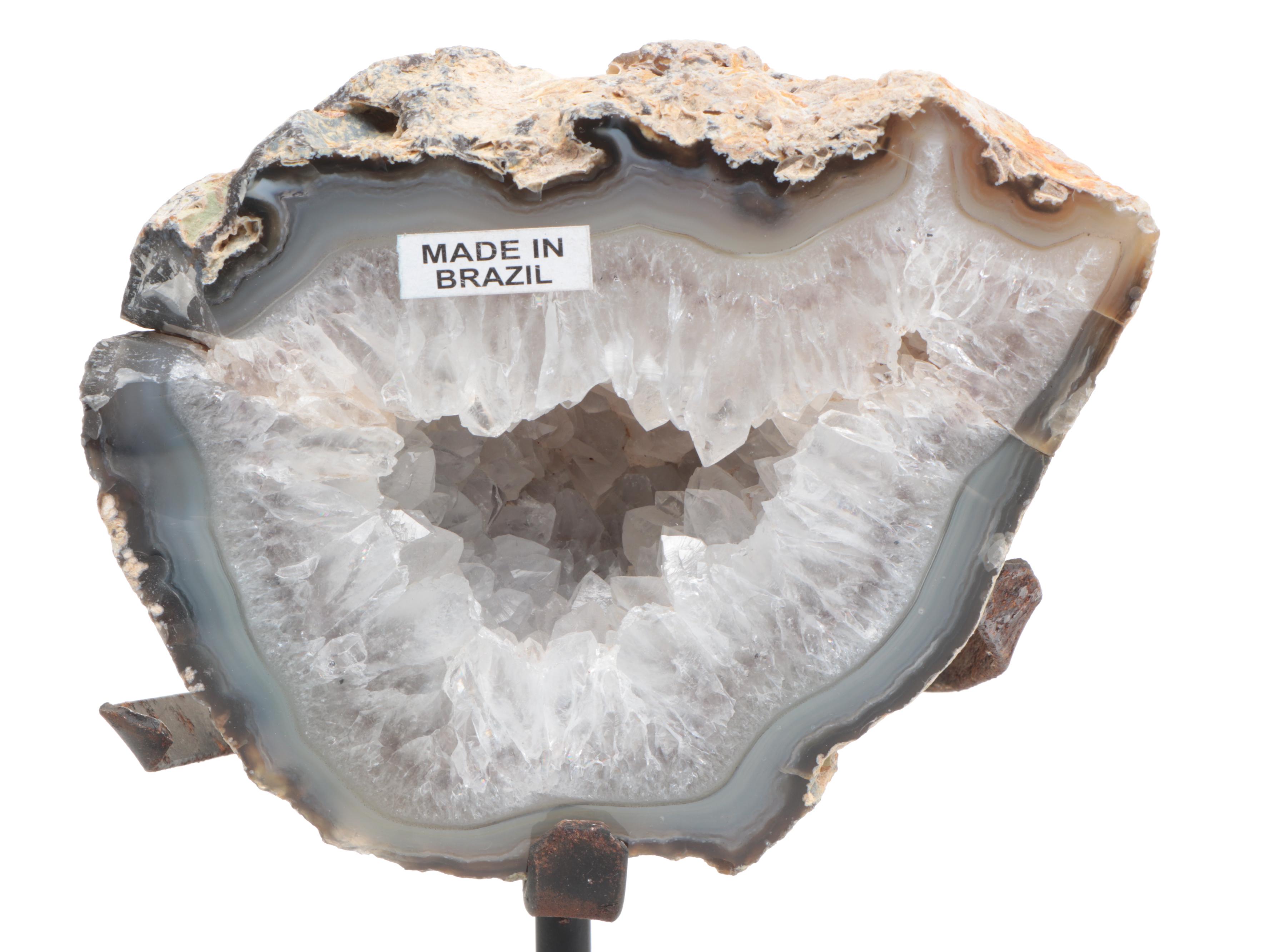 Clear Quartz and Agate Geode with Metal Stand
