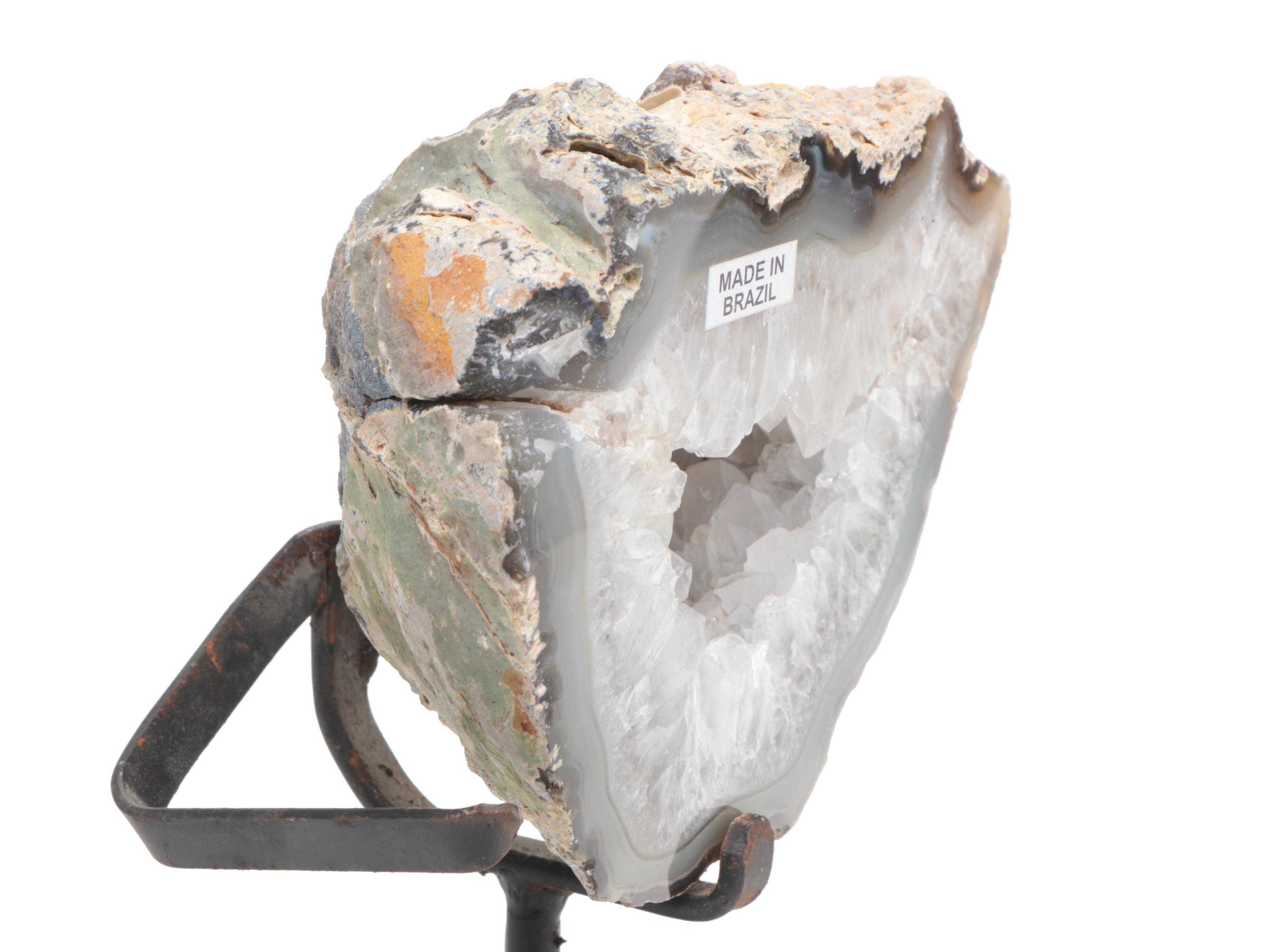 Clear Quartz and Agate Geode with Metal Stand