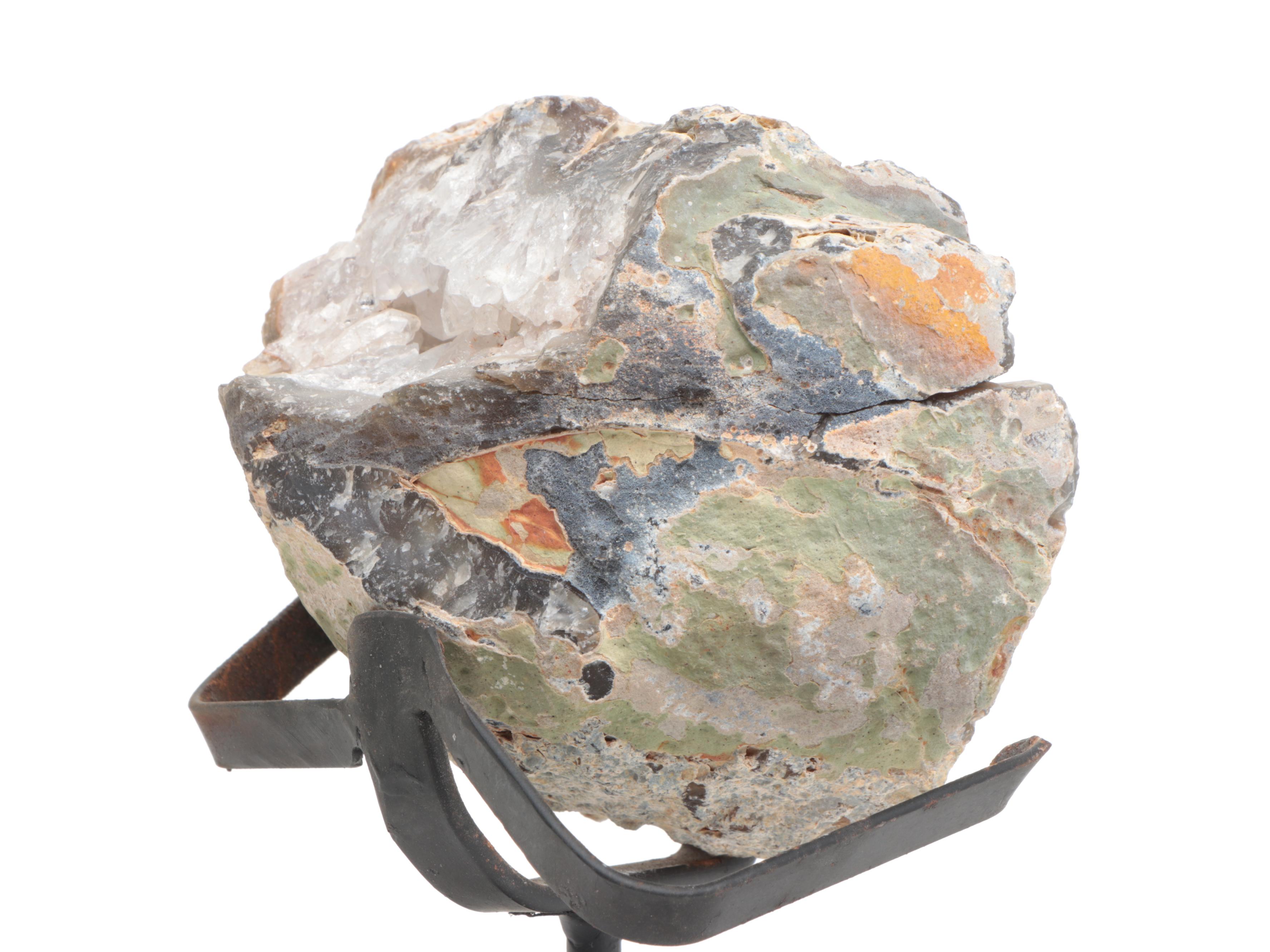 Clear Quartz and Agate Geode with Metal Stand