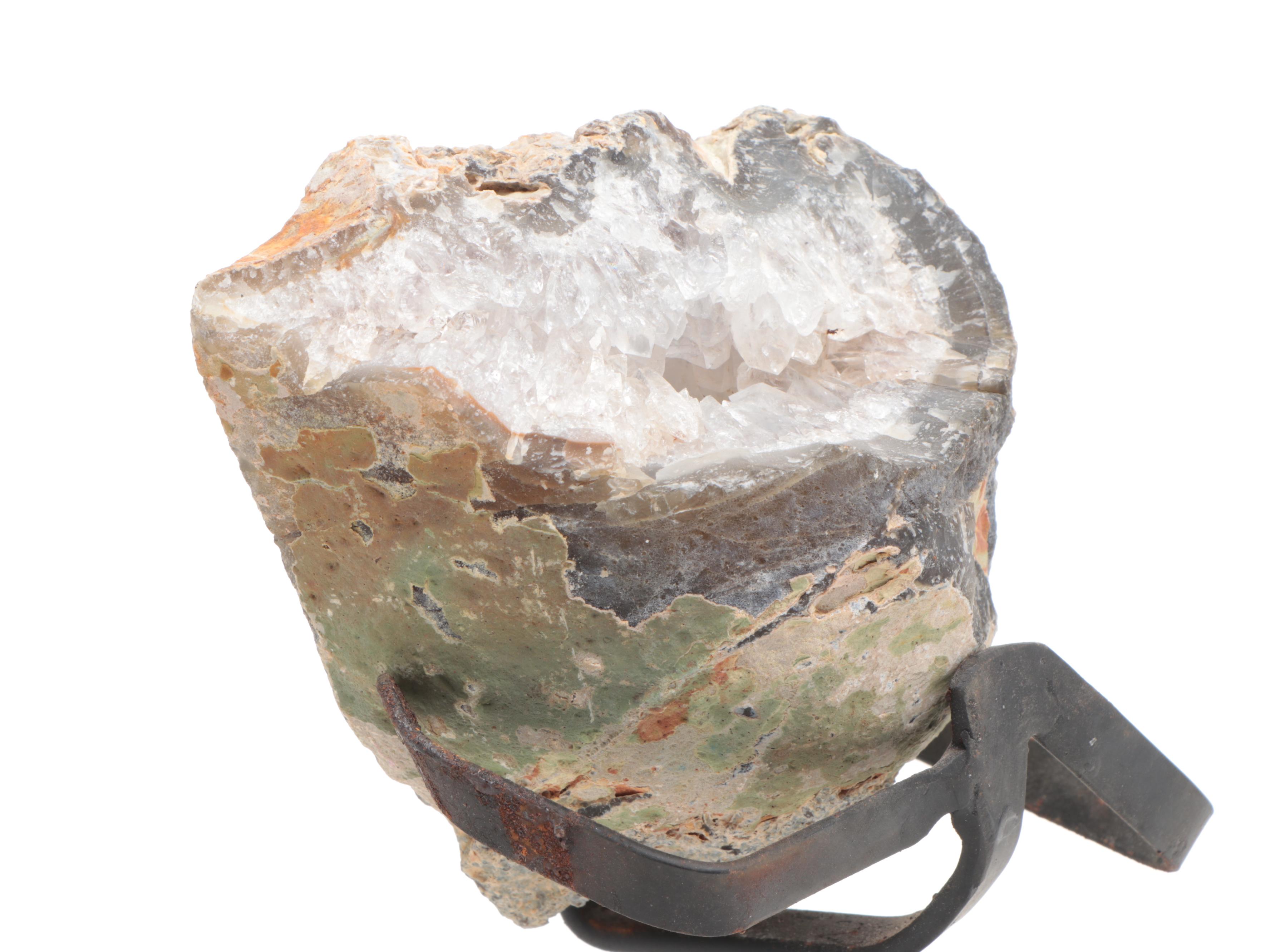 Clear Quartz and Agate Geode with Metal Stand