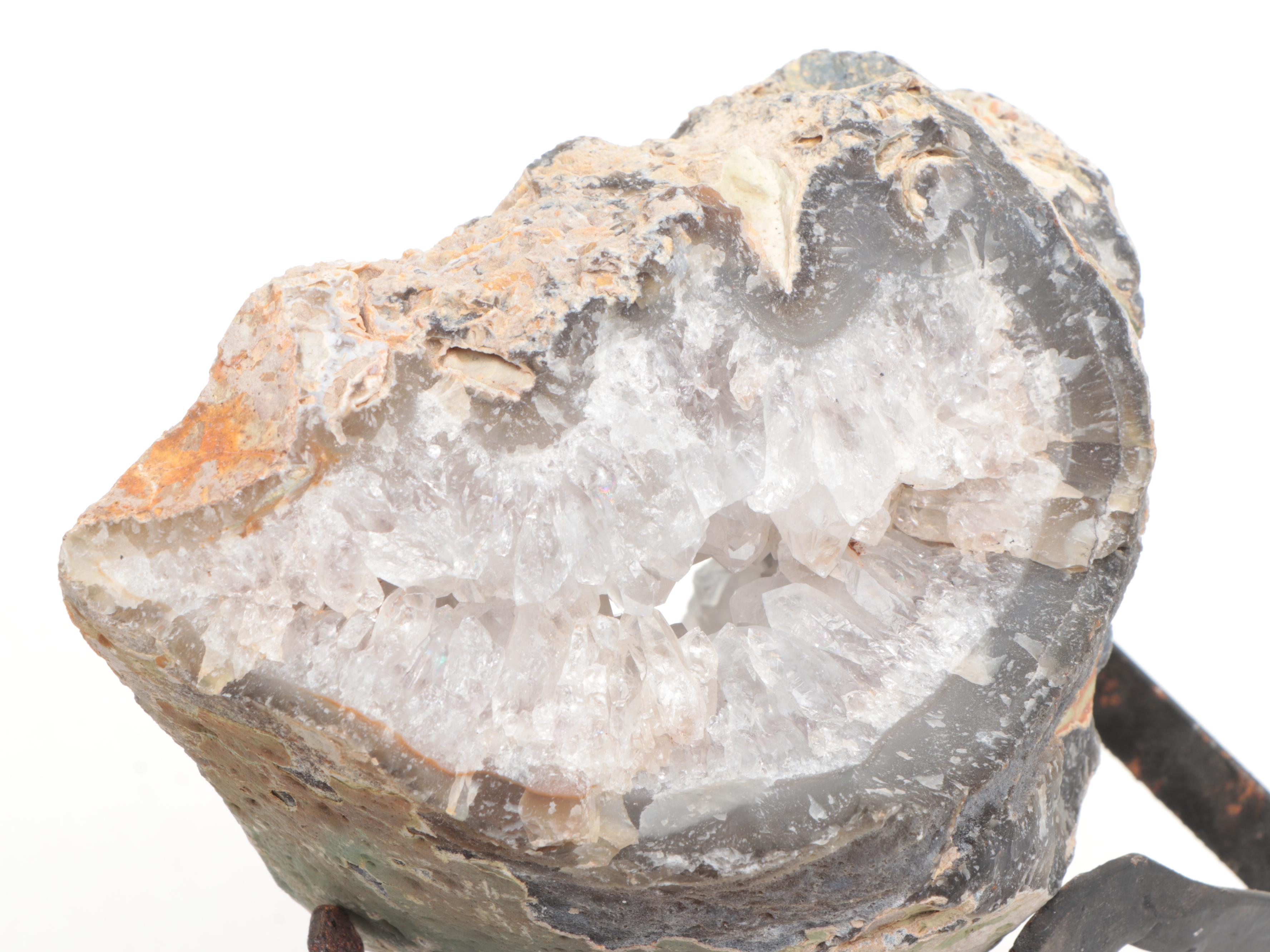 Clear Quartz and Agate Geode with Metal Stand