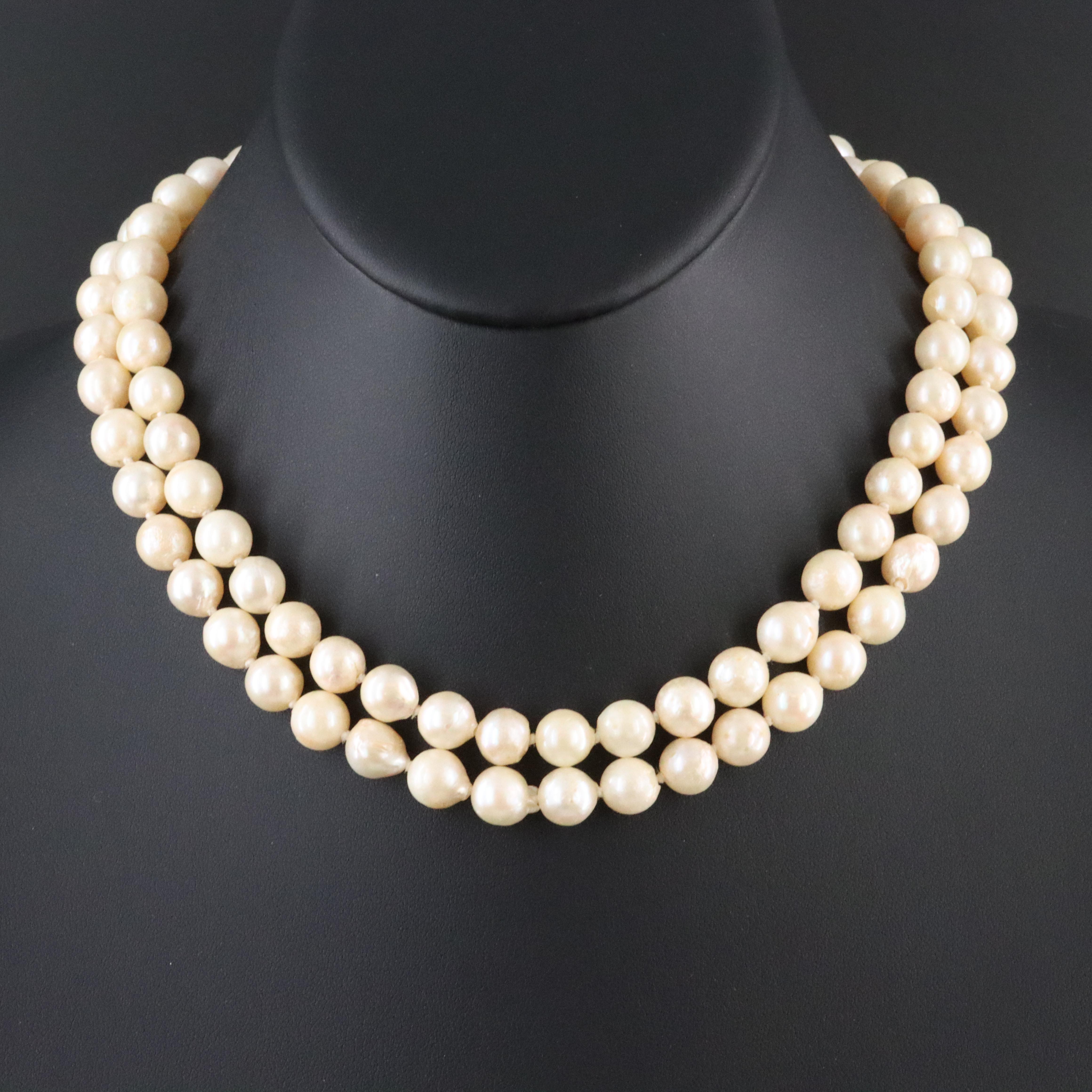 Double-Strand Pearl Necklace with 14K Clasp