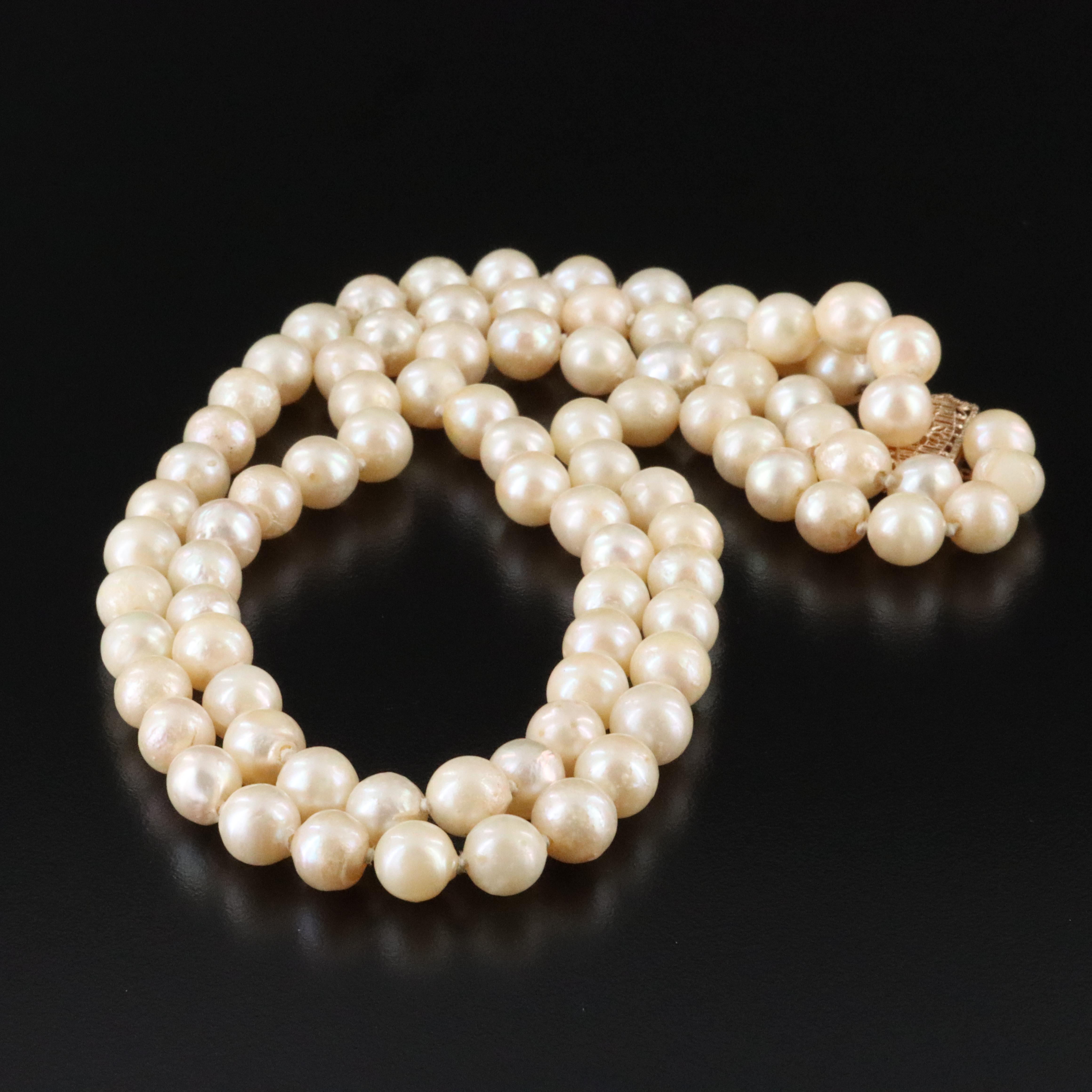 Double-Strand Pearl Necklace with 14K Clasp