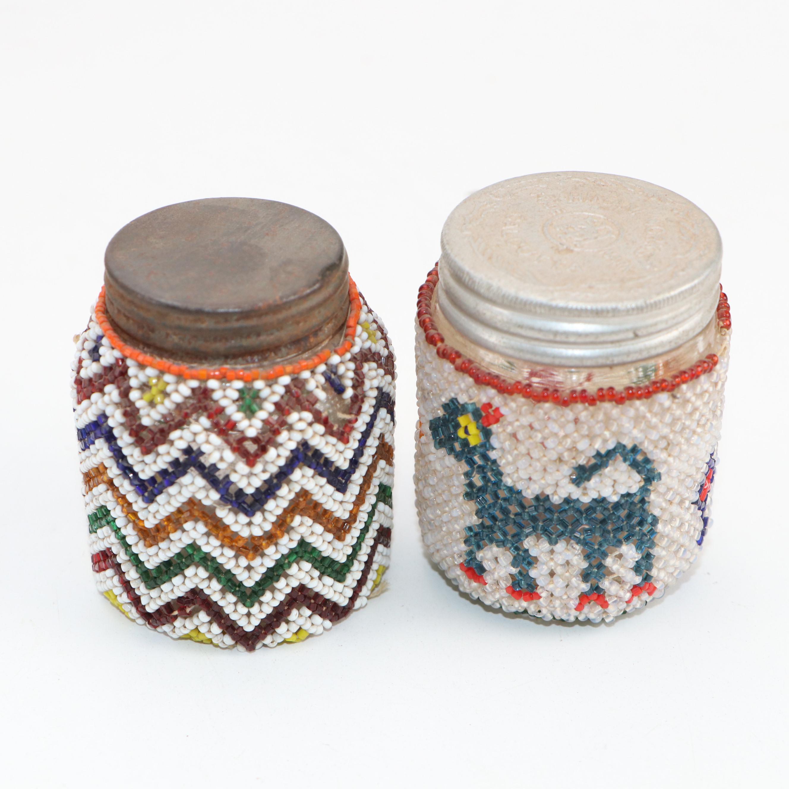 Folk Art Bead Covered Glass Jars